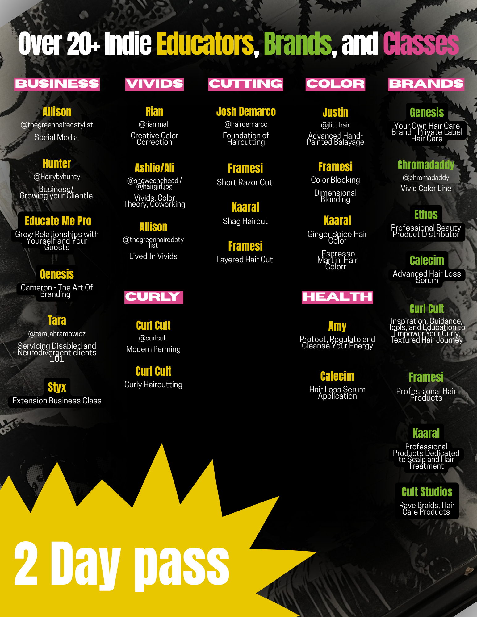 A schedule poster for a 2-day event featuring over 20 indie educators, brands, and classes related to hair and beauty. The poster lists various speakers, classes, and brands across categories such as business, vivid colors, cutting, color, health, and curly hair, with different names and topics highlighted in yellow, pink, green, and black text.
