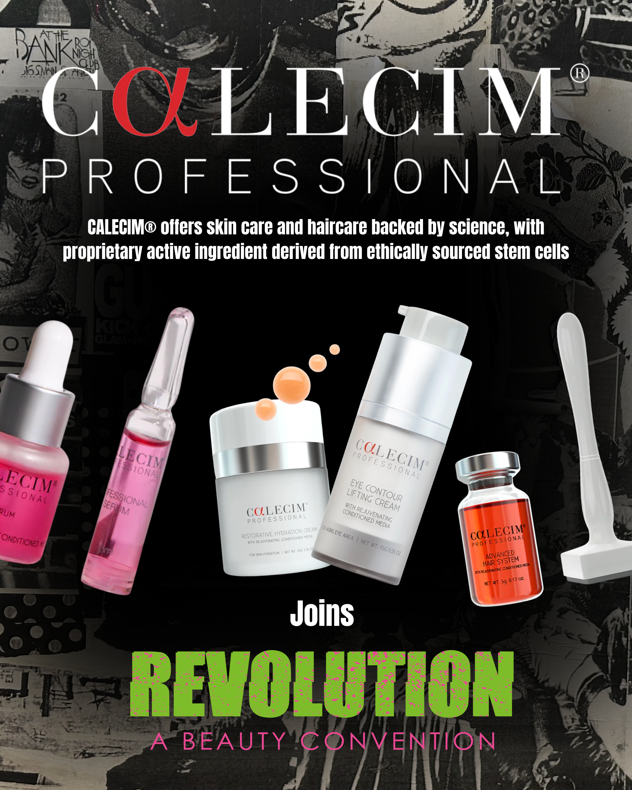 Promotional poster for CALCIM Professional skincare and haircare products, including bottles, jars, and a spatula, with text about science-based ingredients and revolution in beauty.