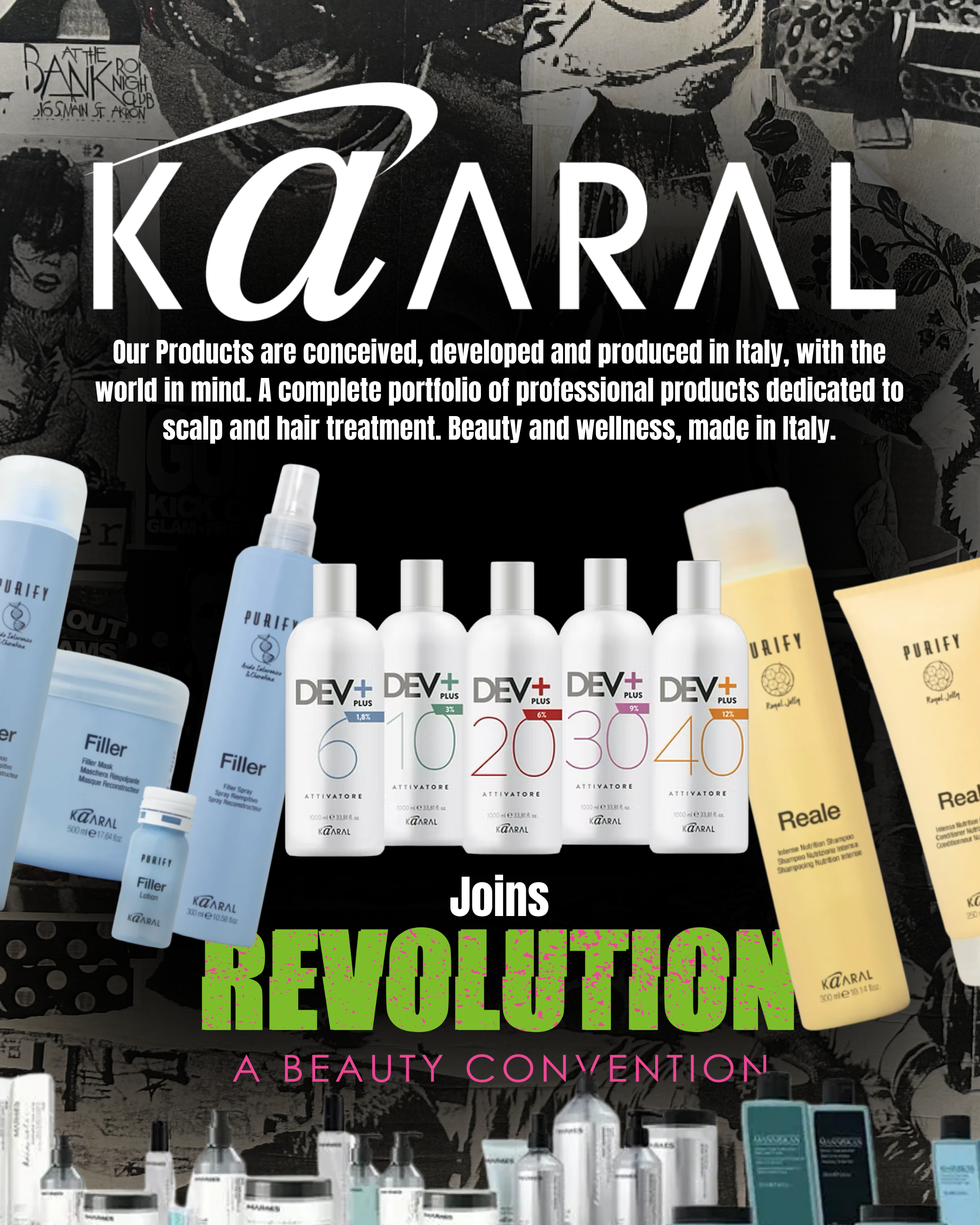 A promotional poster for Kàral beauty products featuring bottles of hair care products, including shampoos, conditioners, and treatments, with text describing the brand's focus on hair and scalp care made in Italy, and highlighting a product line cal