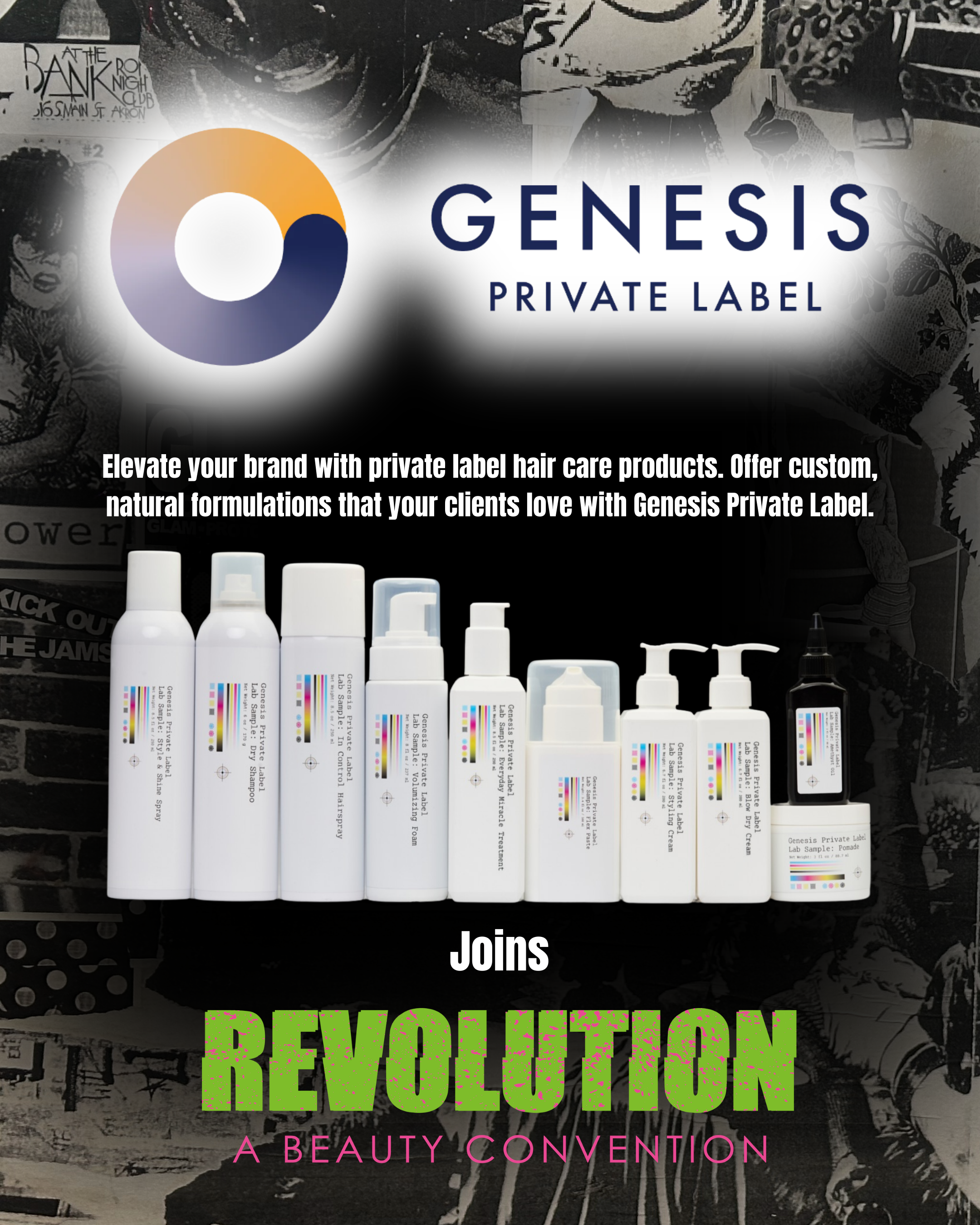 An advertisement for Genesis Private Label hair care products featuring a row of luxury hair care bottles with colorful labels against a dark background. The text promotes private label hair products and mentions a beauty convention called Revolution