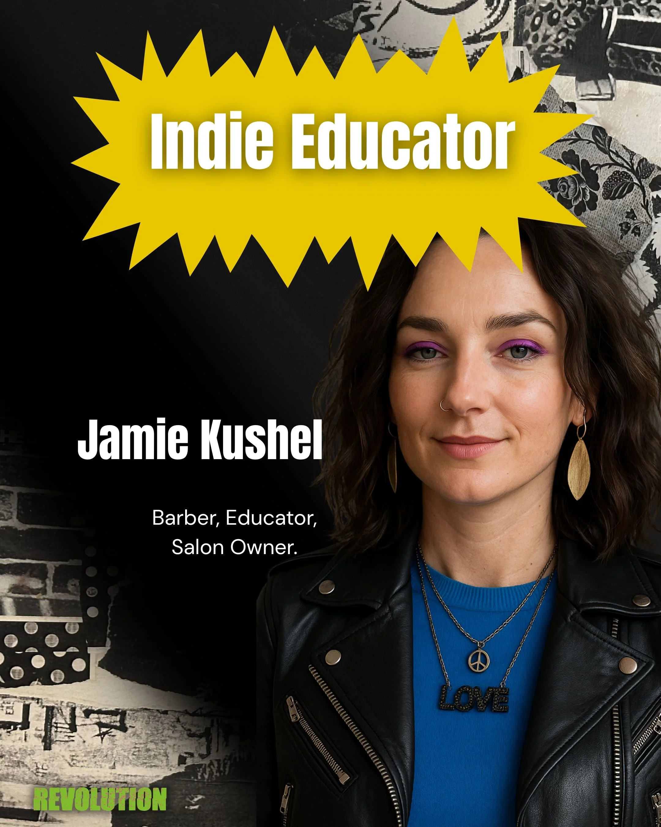 A woman with shoulder-length brown hair, wearing a black leather jacket, blue shirt, and layered necklaces, including one with a peace sign and another with the word 'LOVE'. She has a neutral expression. The background features graffiti and a dark wa