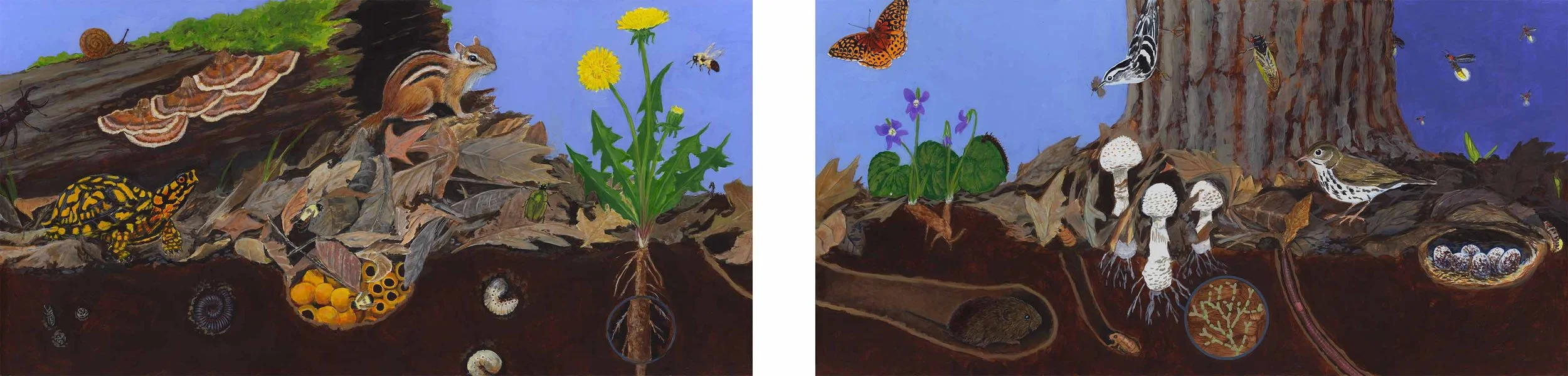 A horizontal diptych painting depicting life in the leaf litter