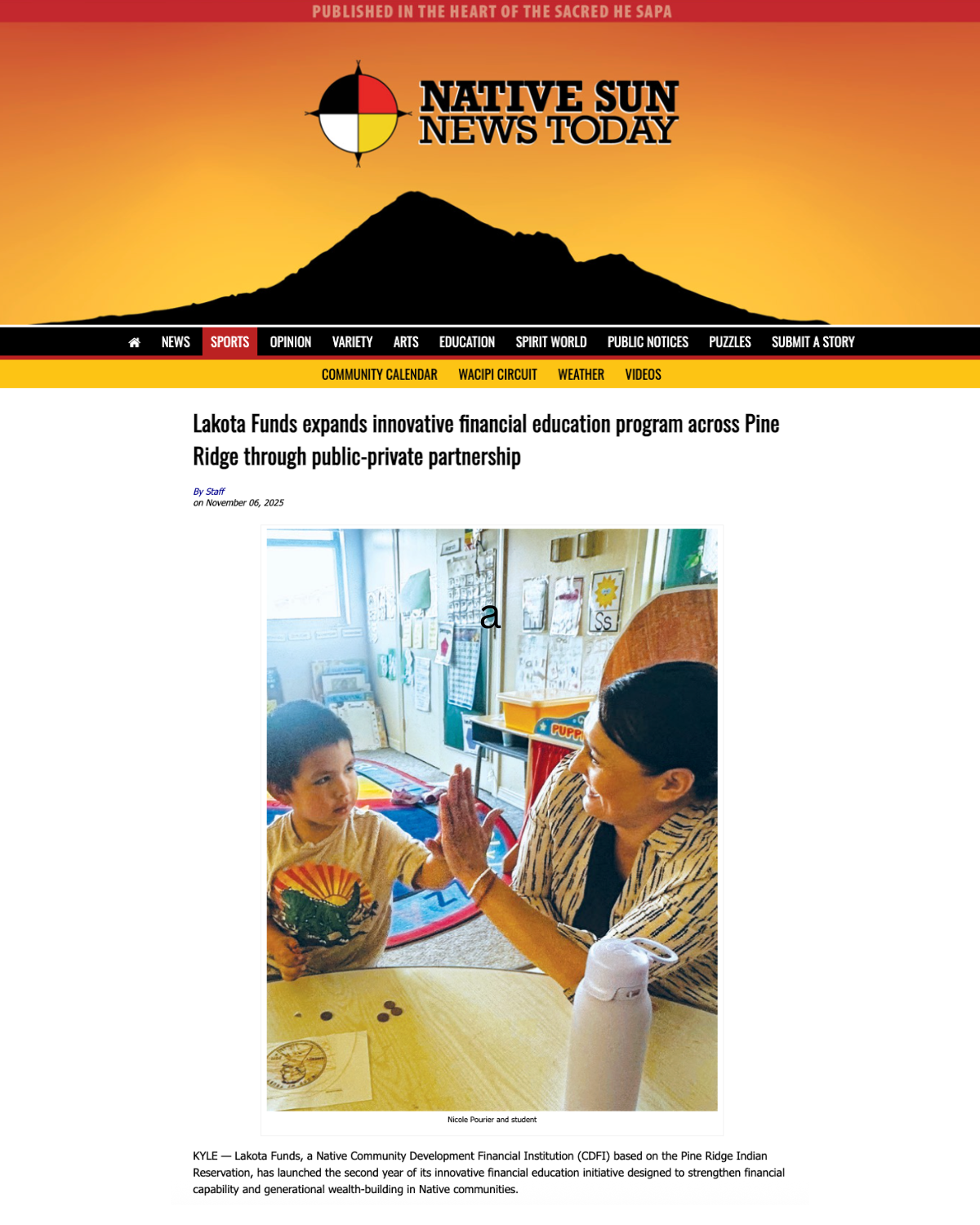 Lakota Funds financial education program highlighted in Native Sun News