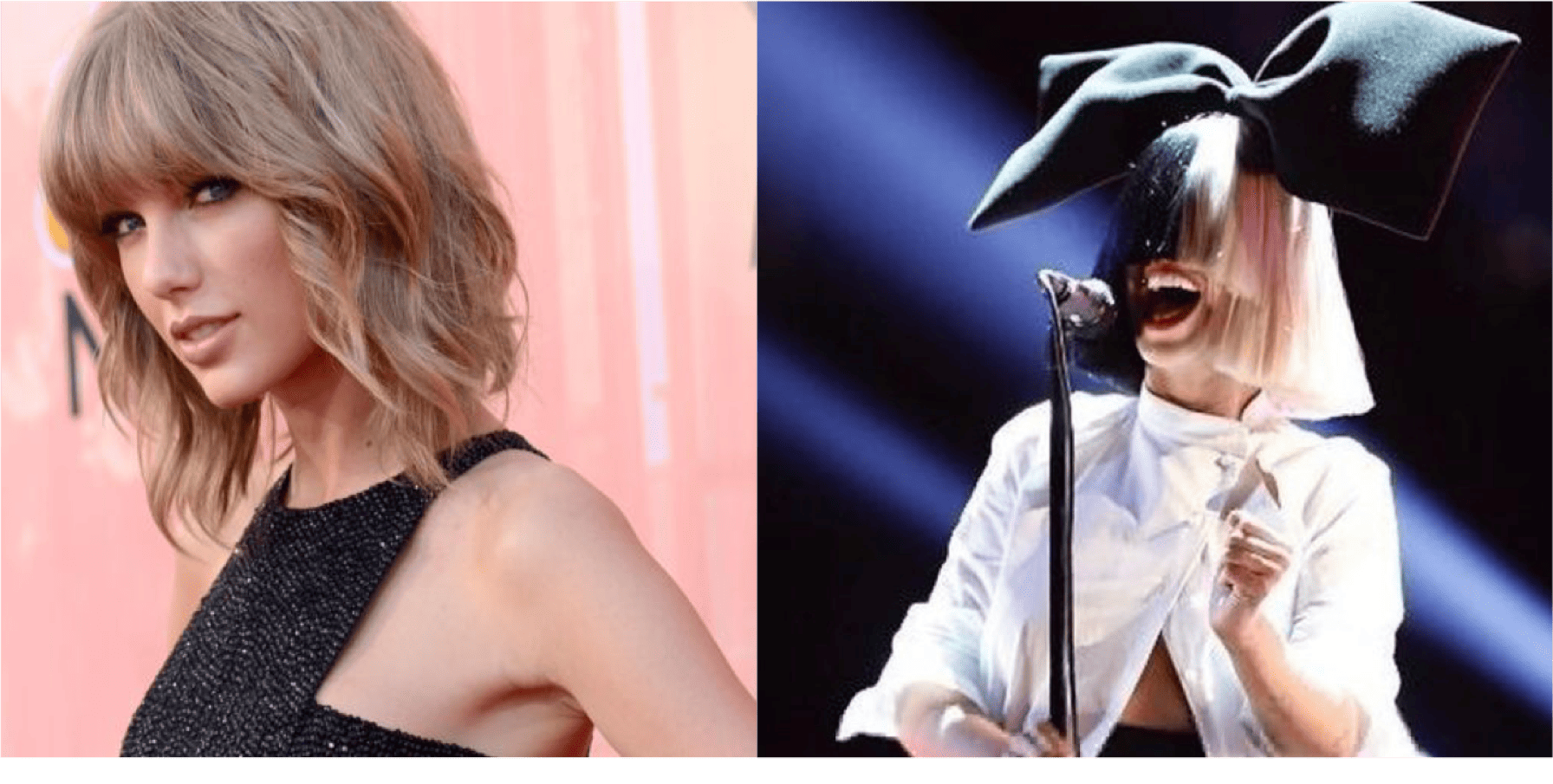 Taylor Swift à gauche dans la lumière médiatique, Sia à droite, anonyme derrière sa perruque emblématique.