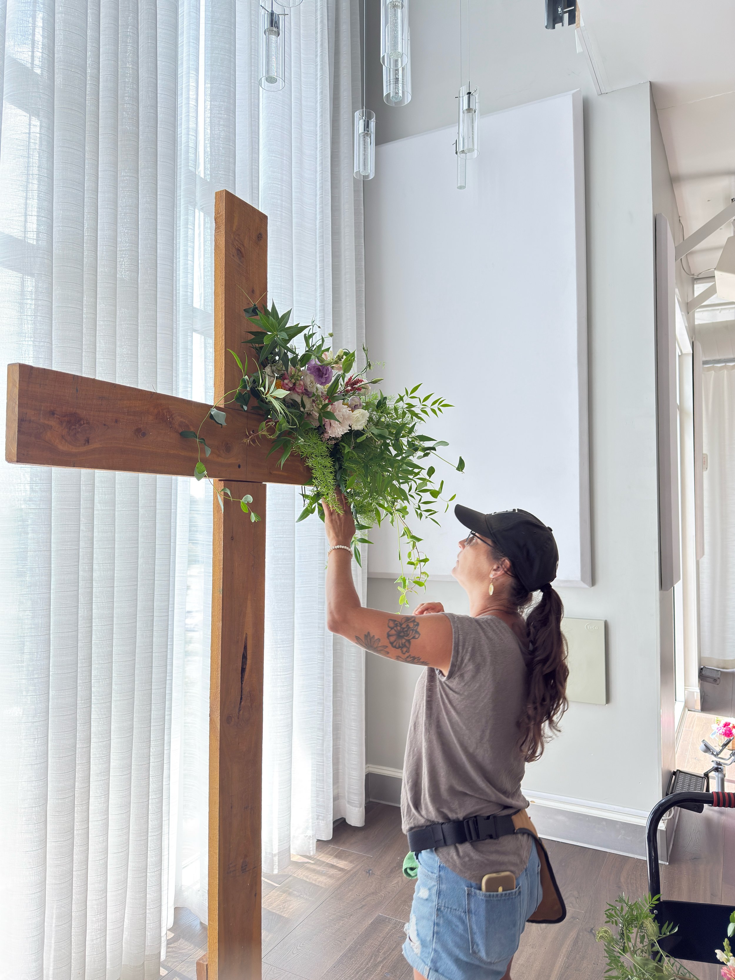 working on flower installation