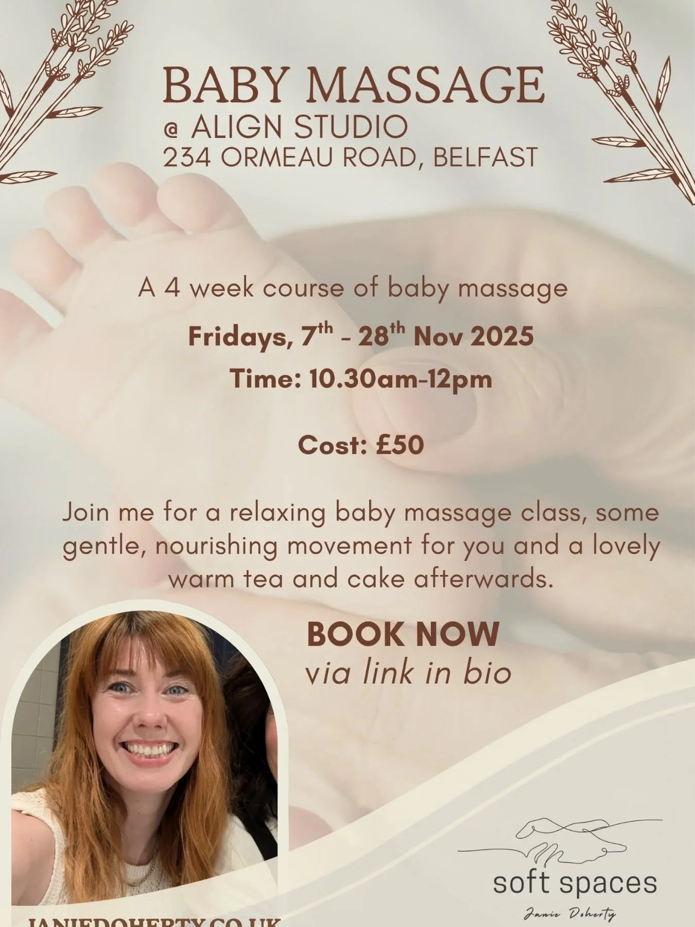 🩷 New Baby Massage Classes 🩷

Starting next month at @align_movement_studios

Join me for some gentle movement, soothing baby massage, and a lovely bit of time to enjoy a warm cuppa with homemade treats. Classes are 1.5 hours to facilitate time to 