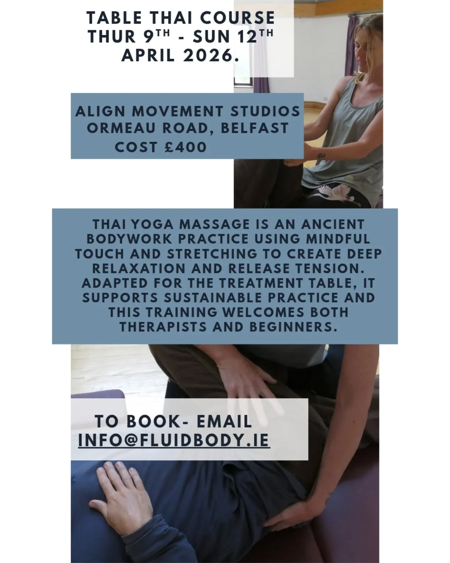 So delighted to have the wonderful @susan.keogh.503 coming up to Belfast next month to offer this training during the Easter break.

This is for anyone with an interest in getting in massage, Thai bodywork, myofascial release. For therapists &amp; fo