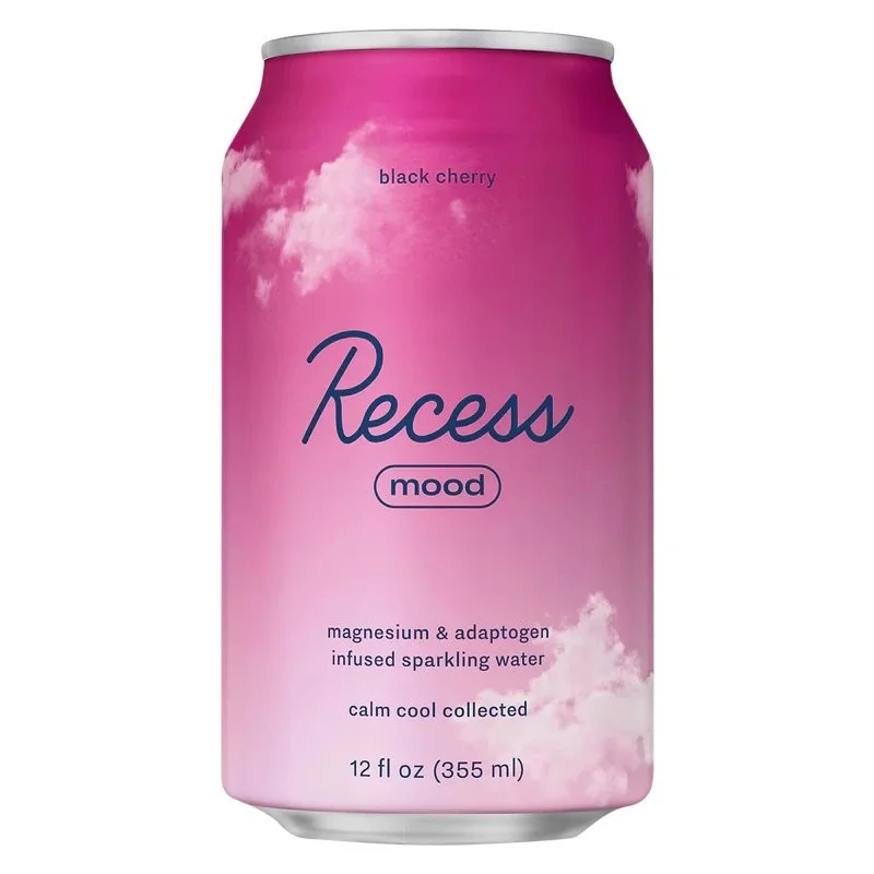 Recess Mood sparkling water can, black cherry flavor, pink gradient design, magnesium and adaptogen infused, 12 fl oz.