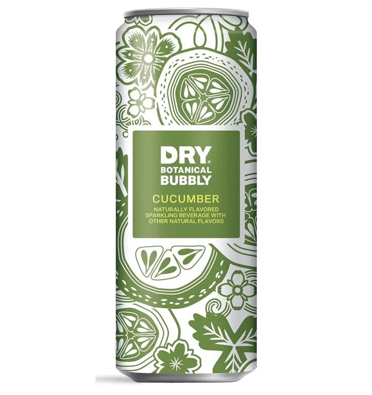 Dry Botanical Bubbly Cucumber can design featuring cucumber and floral graphics on a green background.
