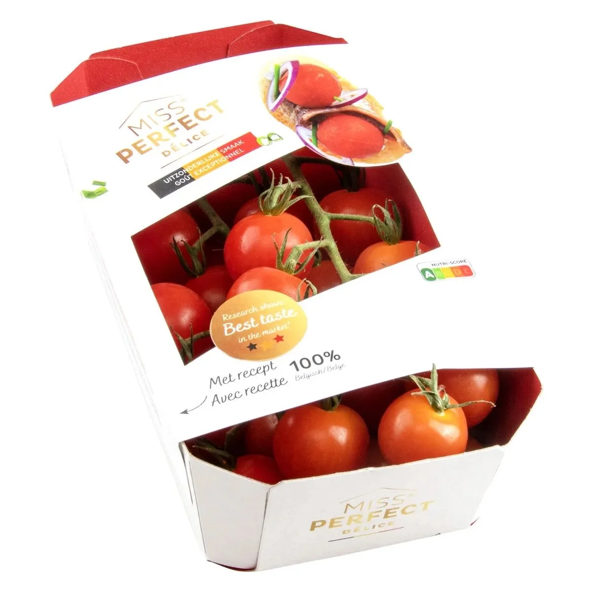 Box of Miss Perfect Délice vine tomatoes in packaging, featuring an image of a dish with tomatoes and text highlighting best taste and nutritional score.
