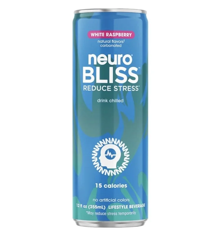 Neuro Bliss drink can, white raspberry flavor, labeled for reducing stress, 15 calories, 12 fl oz (355 ml), blue and green design, lifestyle beverage.