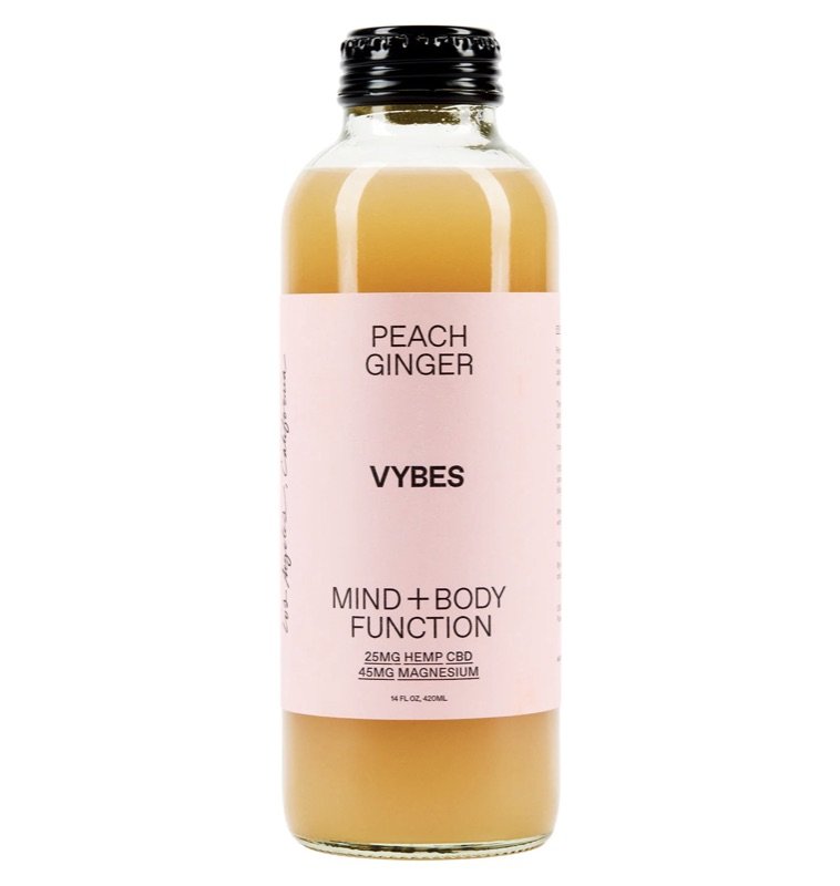 Vybes Peach Ginger drink bottle with CBD and magnesium.