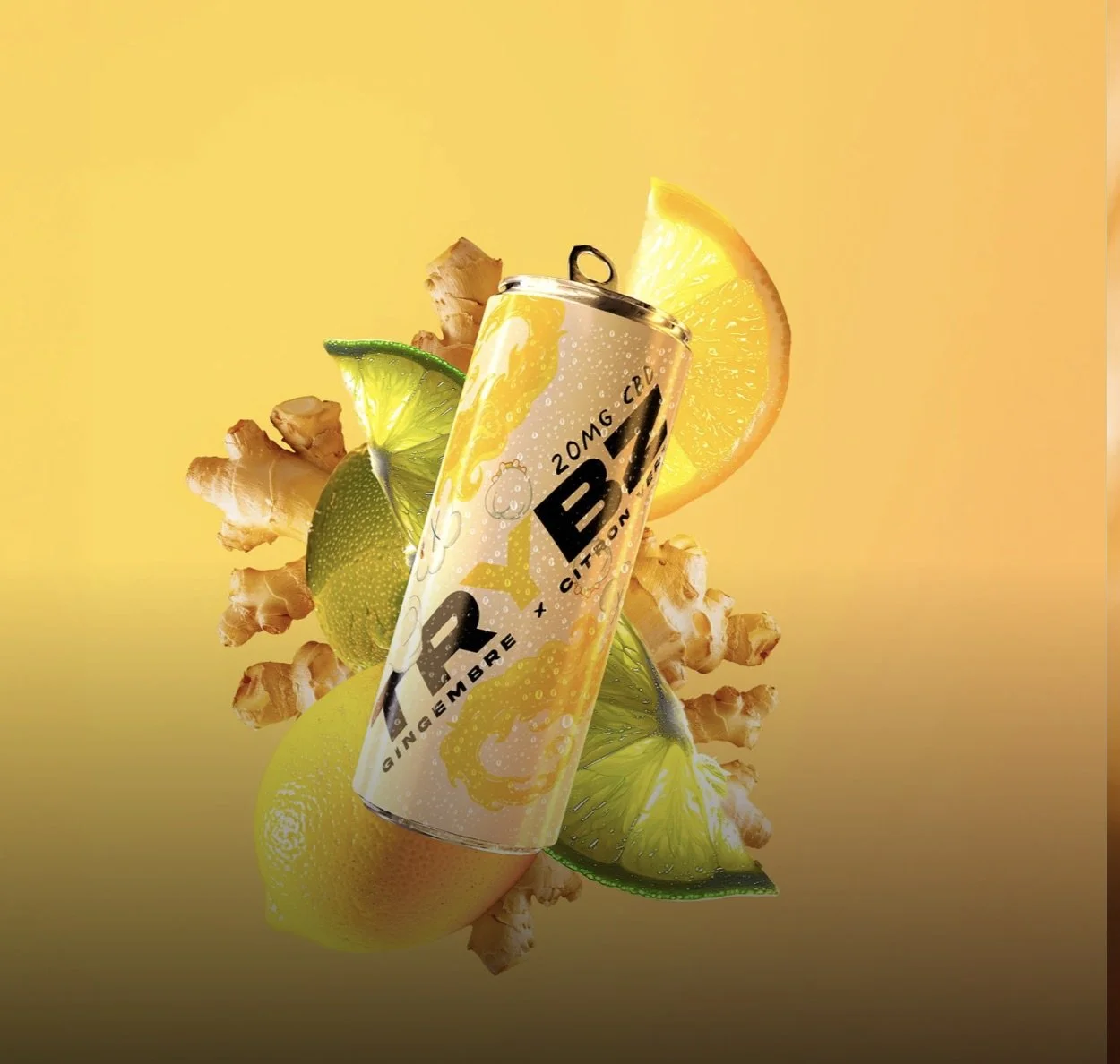 A can of CBD drink with ginger and lemon, surrounded by ginger roots, a lemon slice, and a lime slice on a yellow background.