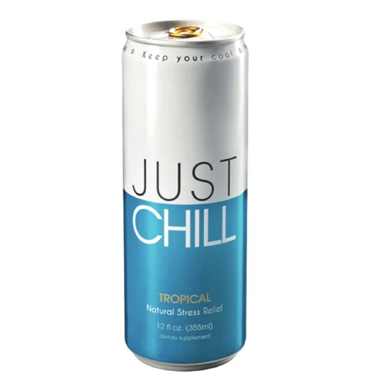 Just Chill Tropical drink can, 12 fl oz, natural stress relief dietary supplement.