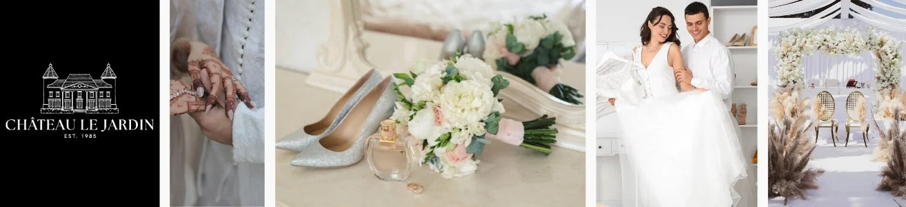 Château Le Jardin wedding banner featuring bridal accessories, a couple choosing a wedding dress, and ceremony décor