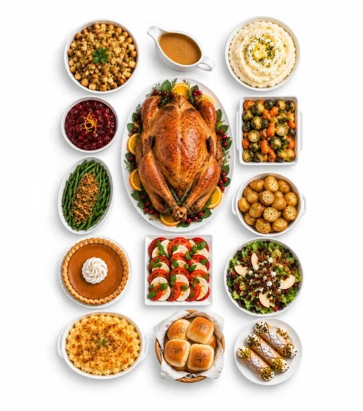 Top view of a Thanksgiving dinner with roast turkey, stuffing, gravy, cranberry sauce, potatoes, vegetables, salad, pasta and cannoli.