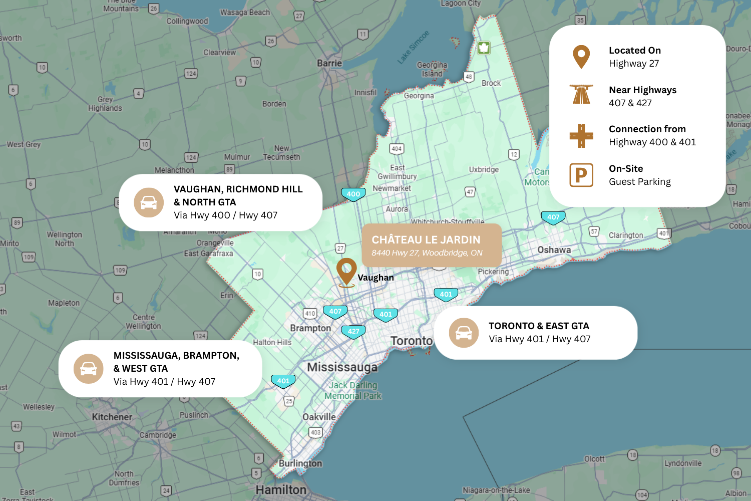 Map showing Château Le Jardin in Vaughan with access routes from Toronto, Brampton, Mississauga, Richmond Hill and surrounding GTA communities