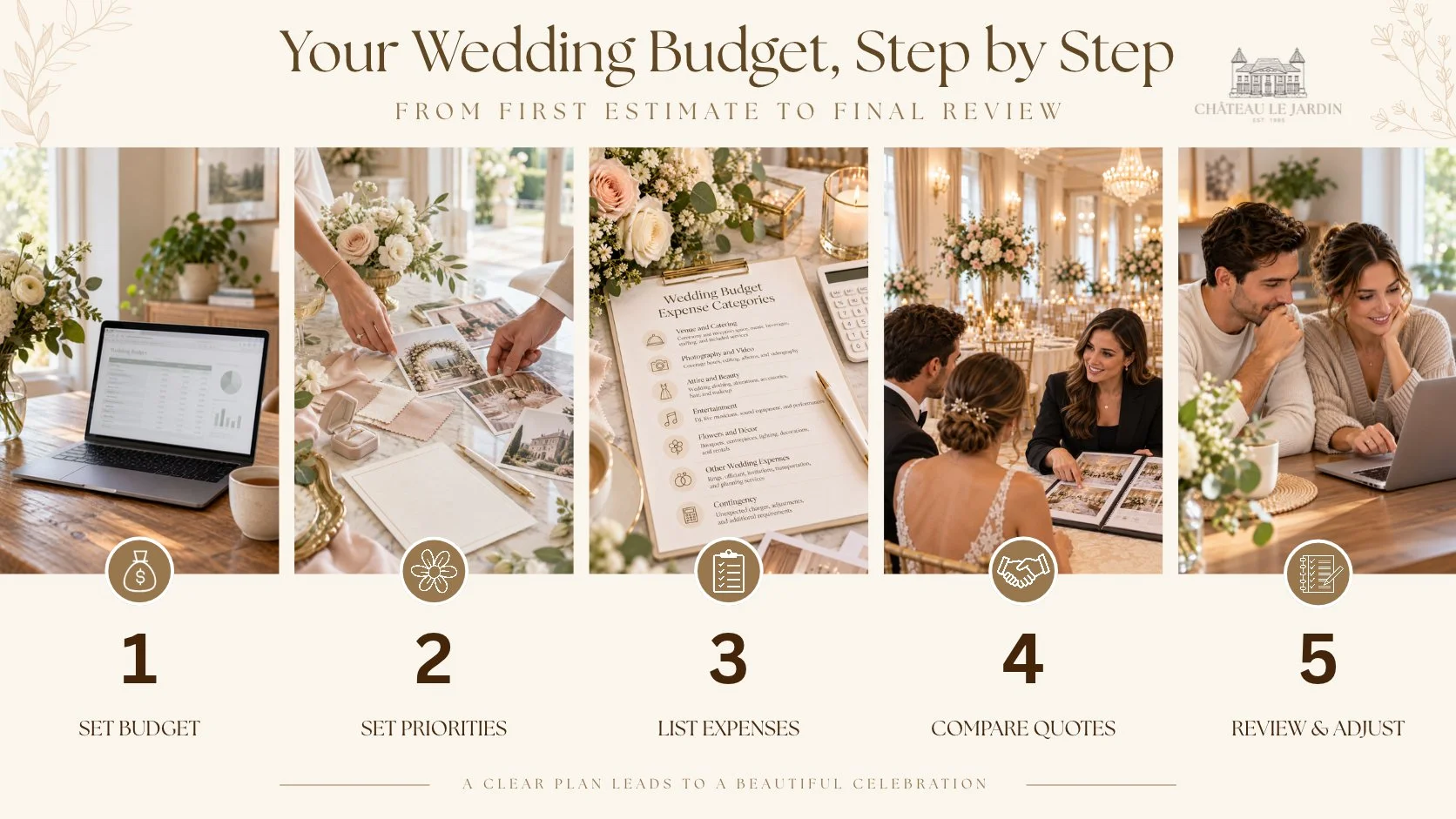 Five-step wedding budget infographic showing how to set a budget, prioritize expenses, list costs, compare quotes, and review spending.