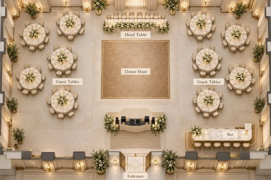 Overhead wedding reception floor plan showing guest tables, head table, dance floor, bar and entrance.