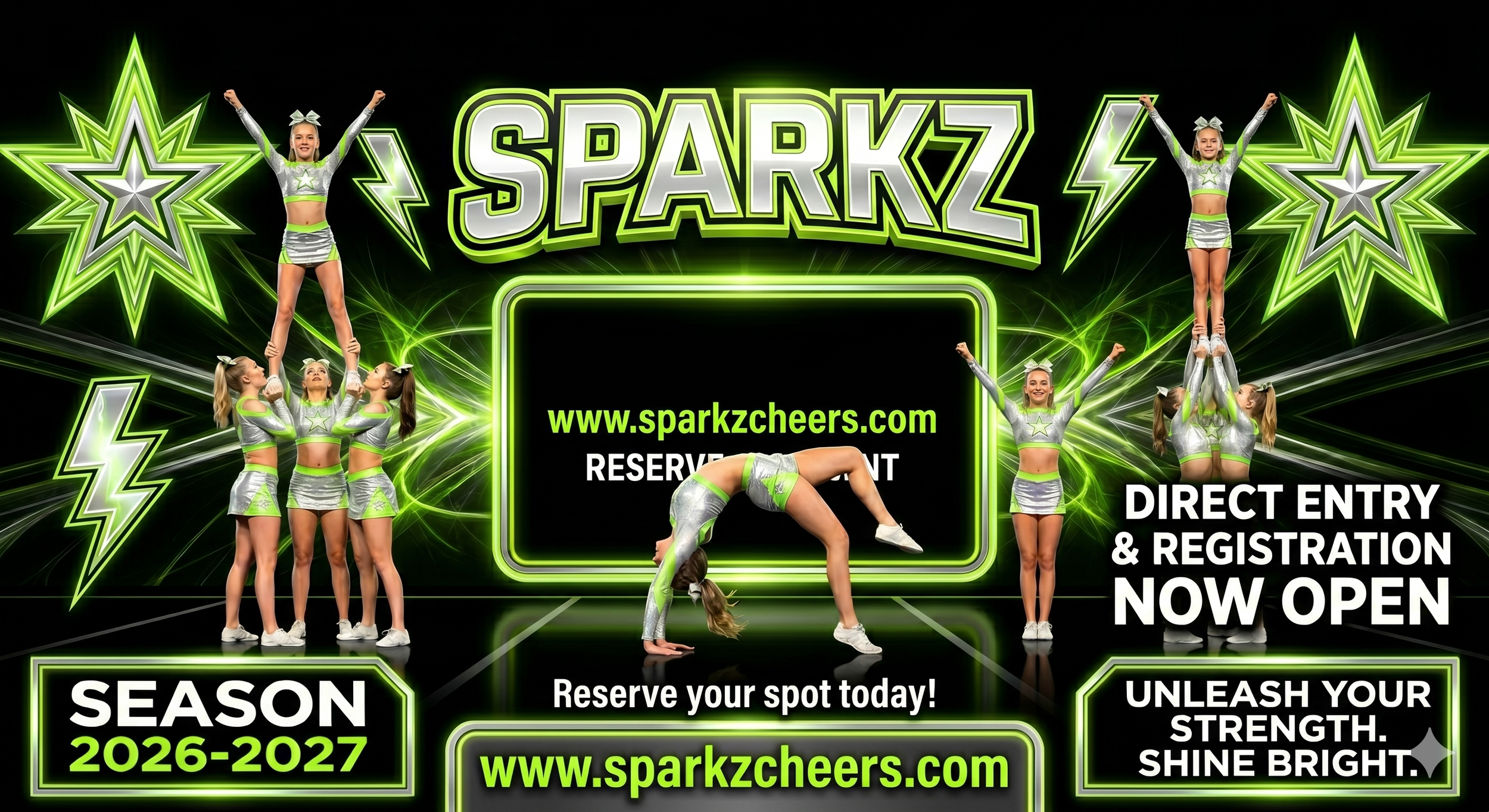A promotional graphic for a cheerleading season featuring several young cheerleaders in silver and green uniforms performing stunts, with neon green and black graphics and text about cheerleading registration and cheer season 2026-2027.