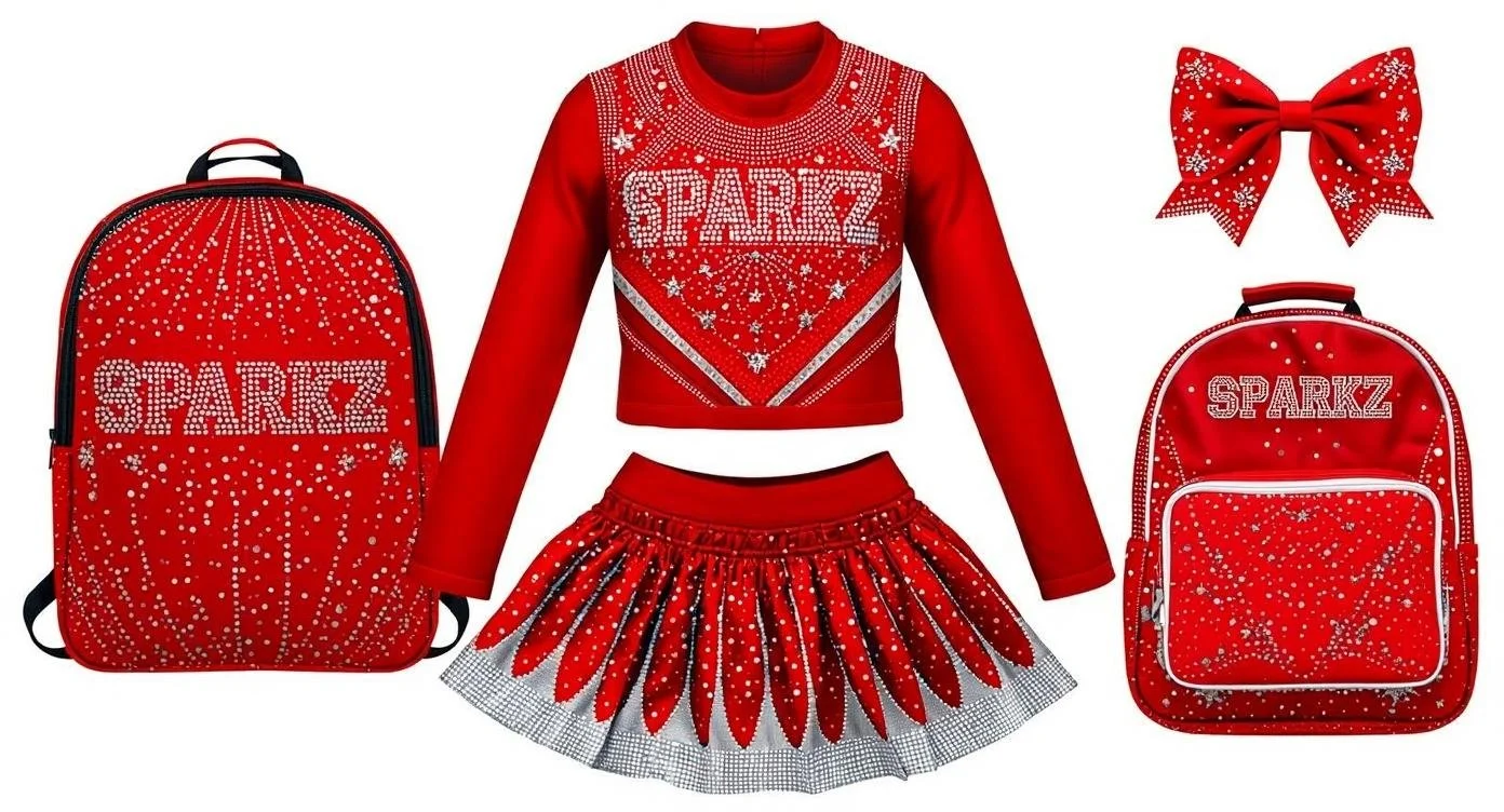Red cheerleading outfit with silver accents, two matching backpacks, a large bow, and a red sweatshirt, all decorated with a white sparkle pattern.