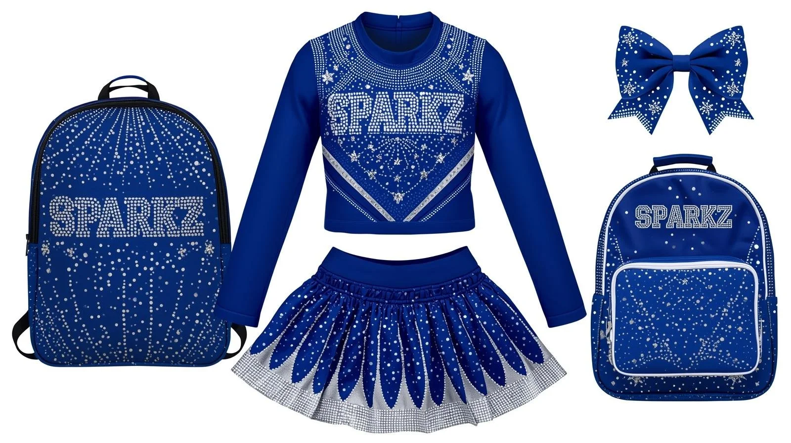 Blue cheerleading outfit with sparkles and the word "SPARKZ", matching backpack, and bow accessory, all with sparkly white dot designs.