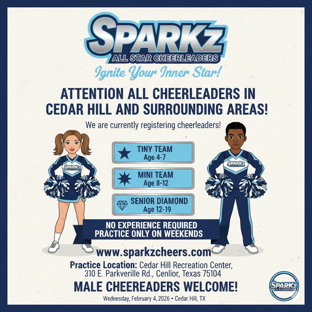 A cheerleading recruitment flyer for Sparkz All Star Cheerleaders featuring cartoon children in cheerleading uniforms holding pom-poms. The flyer lists age groups for cheerleading teams: Tiny Team (4-7), Mini Team (8-12), and Senior Diamond (12-19). It also mentions no experience is required, practice on weekends, and welcomes male cheerleaders. Location details and website are provided, with the date of February 4, 2026, at Cedar Hill, Texas.