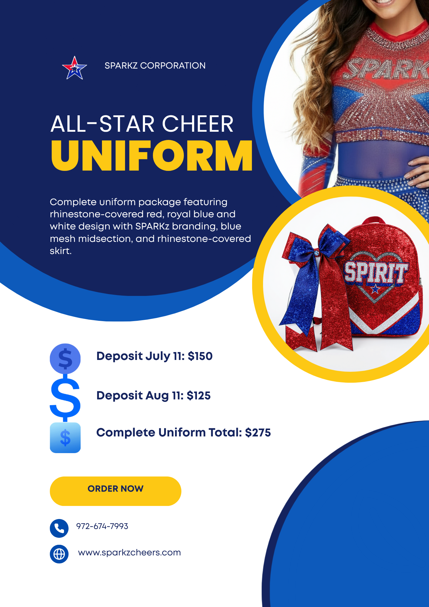 Promotional flyer for cheerleading uniforms featuring a cheerleader in a red, white, and blue uniform with rhinestone embellishments, a matching backpack with a bow, and details about deposit amounts and contact information.