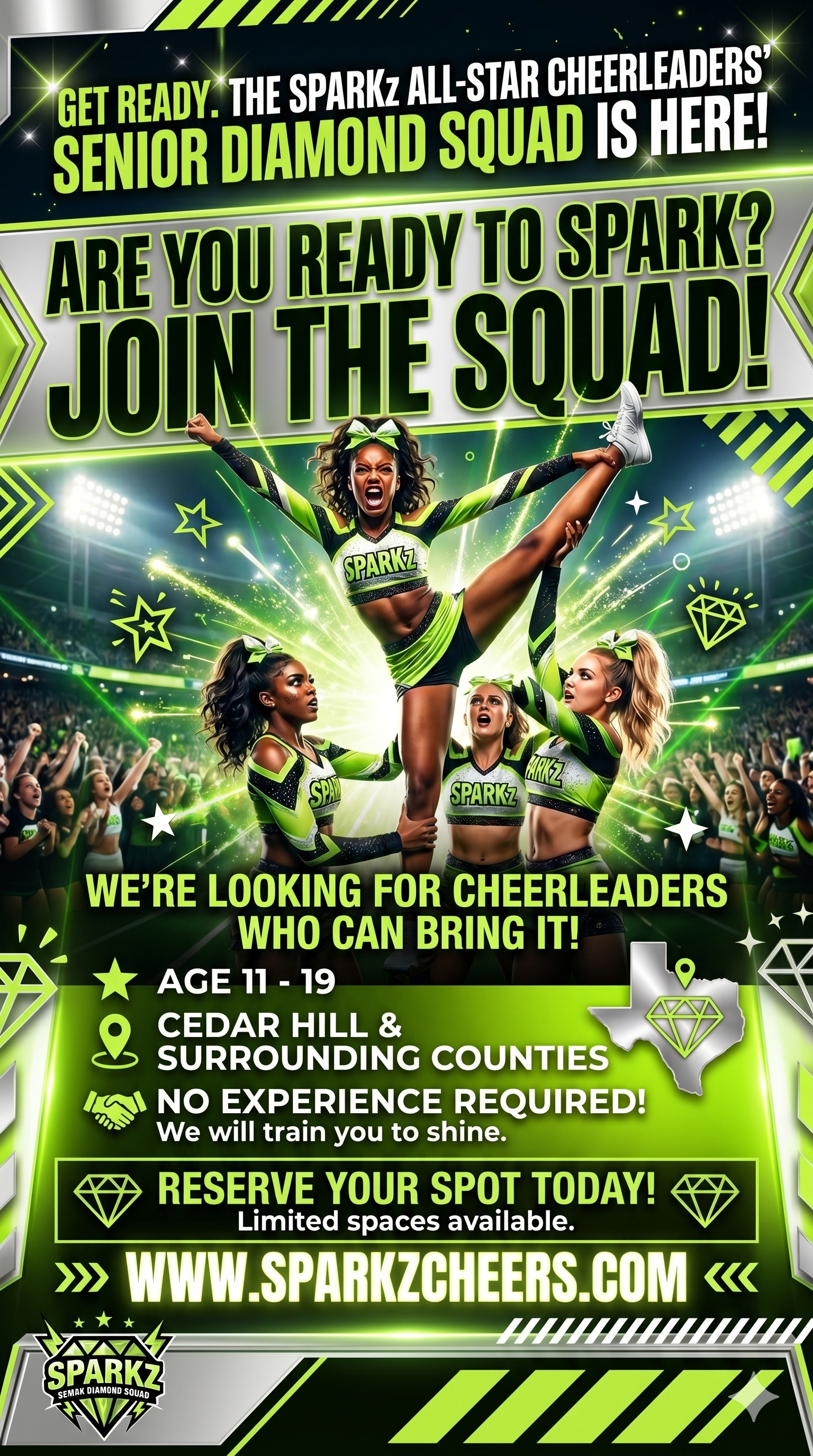 A promotional flyer for a cheerleading squad named Sparkz, featuring cheerleaders in green and black uniforms with the team name, a stadium background, and graphics like stars and diamonds. It announces recruitment for ages 11-19, located in Cedar Hill and surrounding counties, no experience required, and encourages people to reserve spots online.