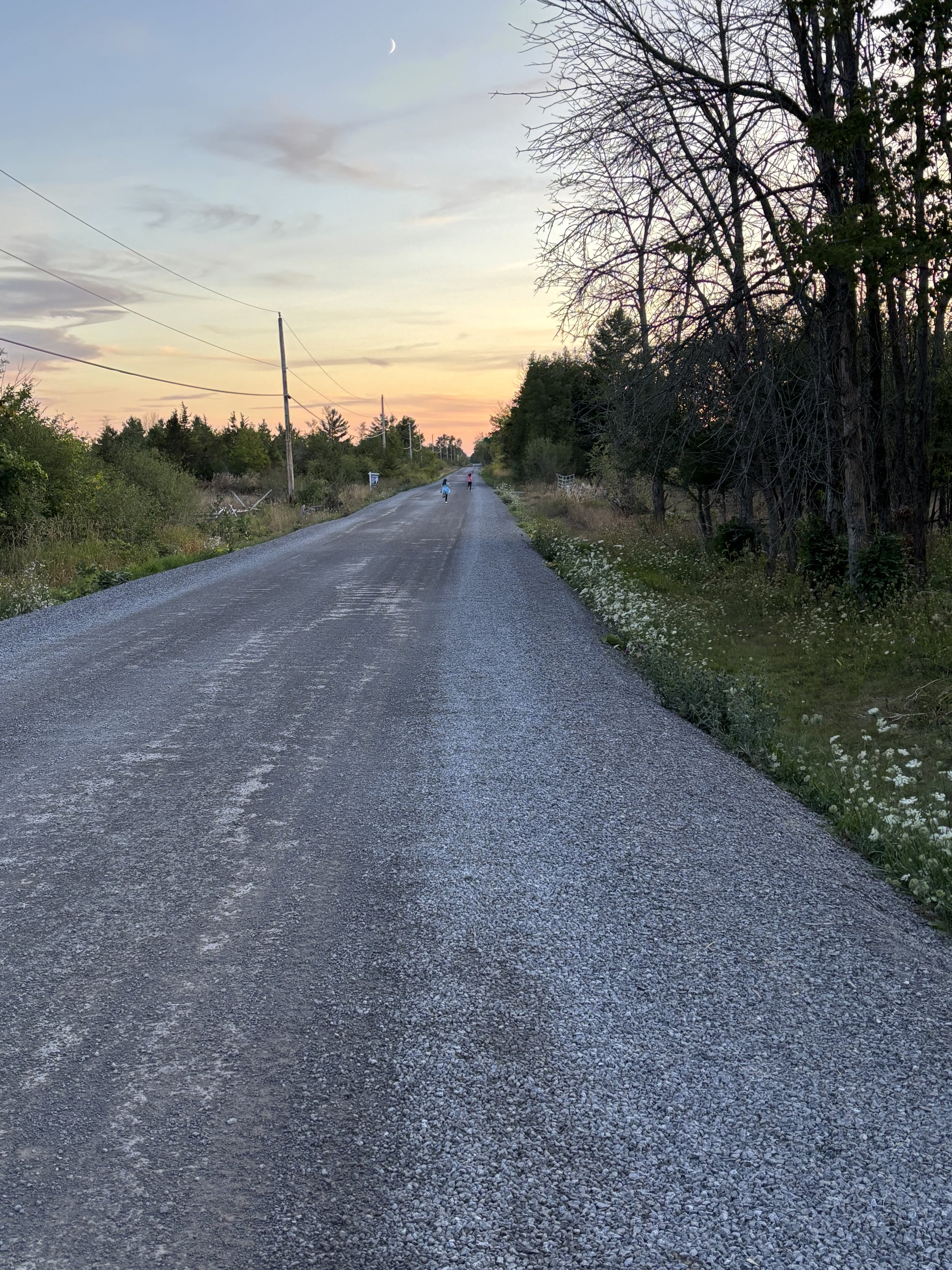 Two people walking together on a road at sunset
