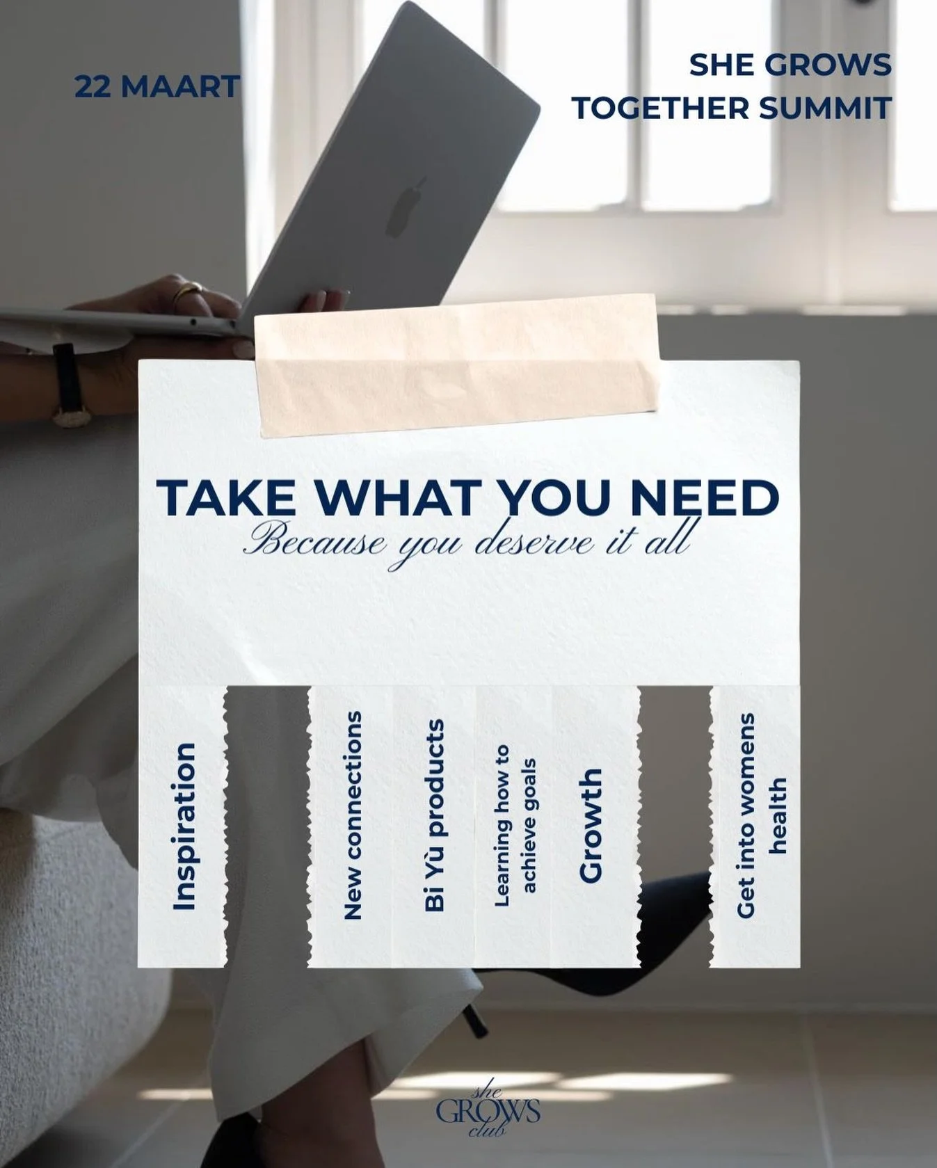 Take what you need! Net even die nieuwe inspiratie nodig? Nieuwe connecties op doen en motivatie om t&oacute;ch dat ene doel te bereiken? 

Het She GROWS together summit op 22 maart biedt precies dat! Door middel van 3 inspirerende sprekers, een goed