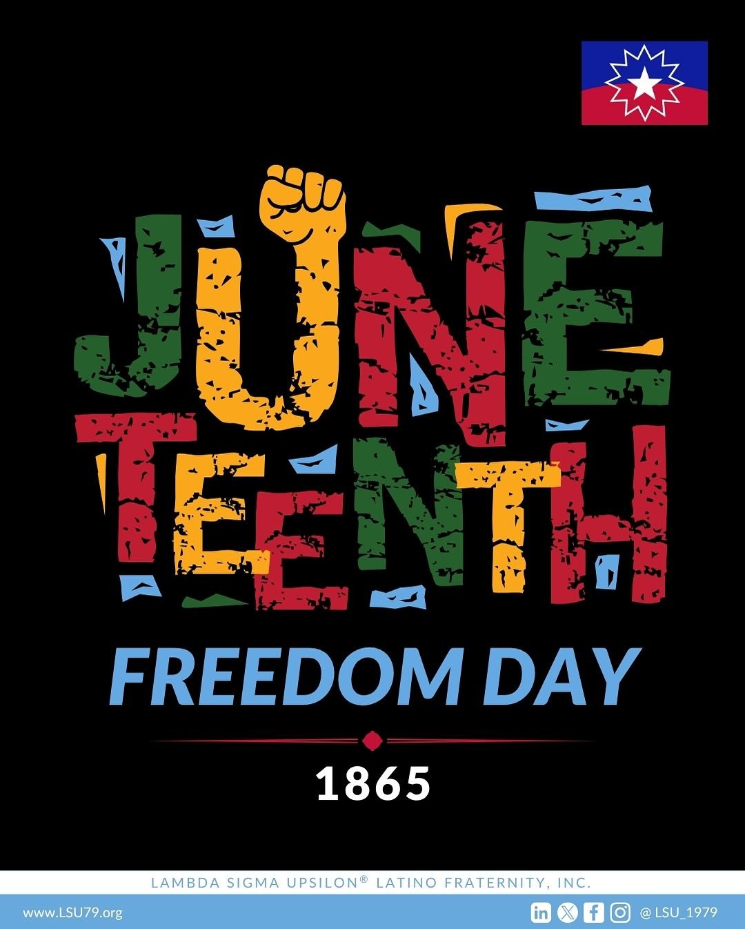 🔹160 years ago, an estimated 2️⃣5️⃣0️⃣,0️⃣0️⃣0️⃣ enslaved people learned of their freedom. 

🔹Today, we are 𝒄𝒆𝒍𝒆𝒃𝒓𝒂𝒕𝒊𝒏𝒈, 𝒓𝒆𝒇𝒍𝒆𝒄𝒕𝒊𝒏𝒈, and 𝒆𝒅𝒖𝒄𝒂𝒕𝒊𝒏𝒈. Happy Juneteenth! ✊🏽✊🏾✊🏿

#&Lambda;&Sigma;&Upsilon; #Juneteenth #LS