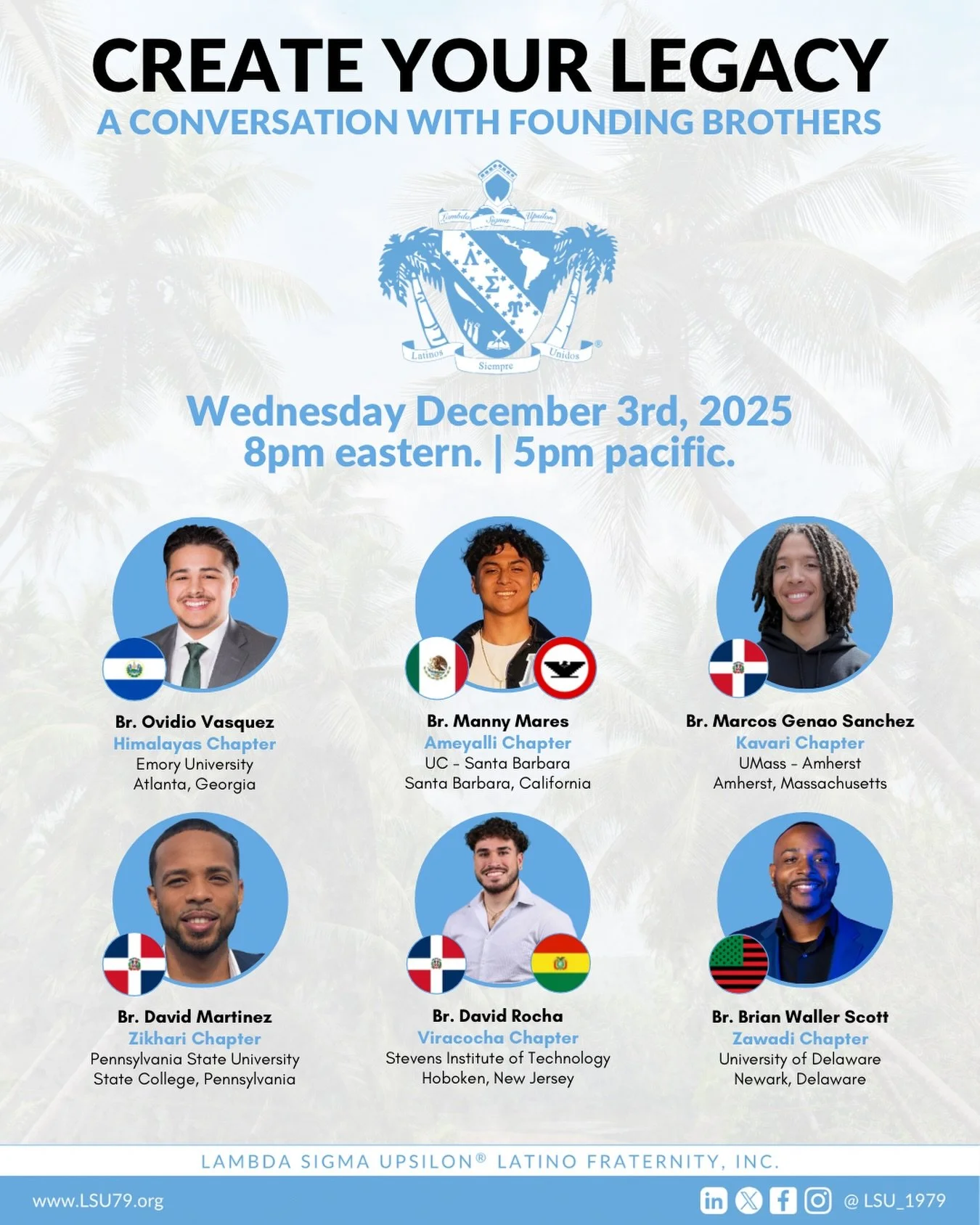 🔥 Many follow paths. A select few create them.

If you are ready to build a legacy on your campus and beyond, Lambda Sigma Upsilon Latino Fraternity Inc. is where purpose meets brotherhood. 

Join us Wednesday, December 3rd for &ldquo;Create Your Le