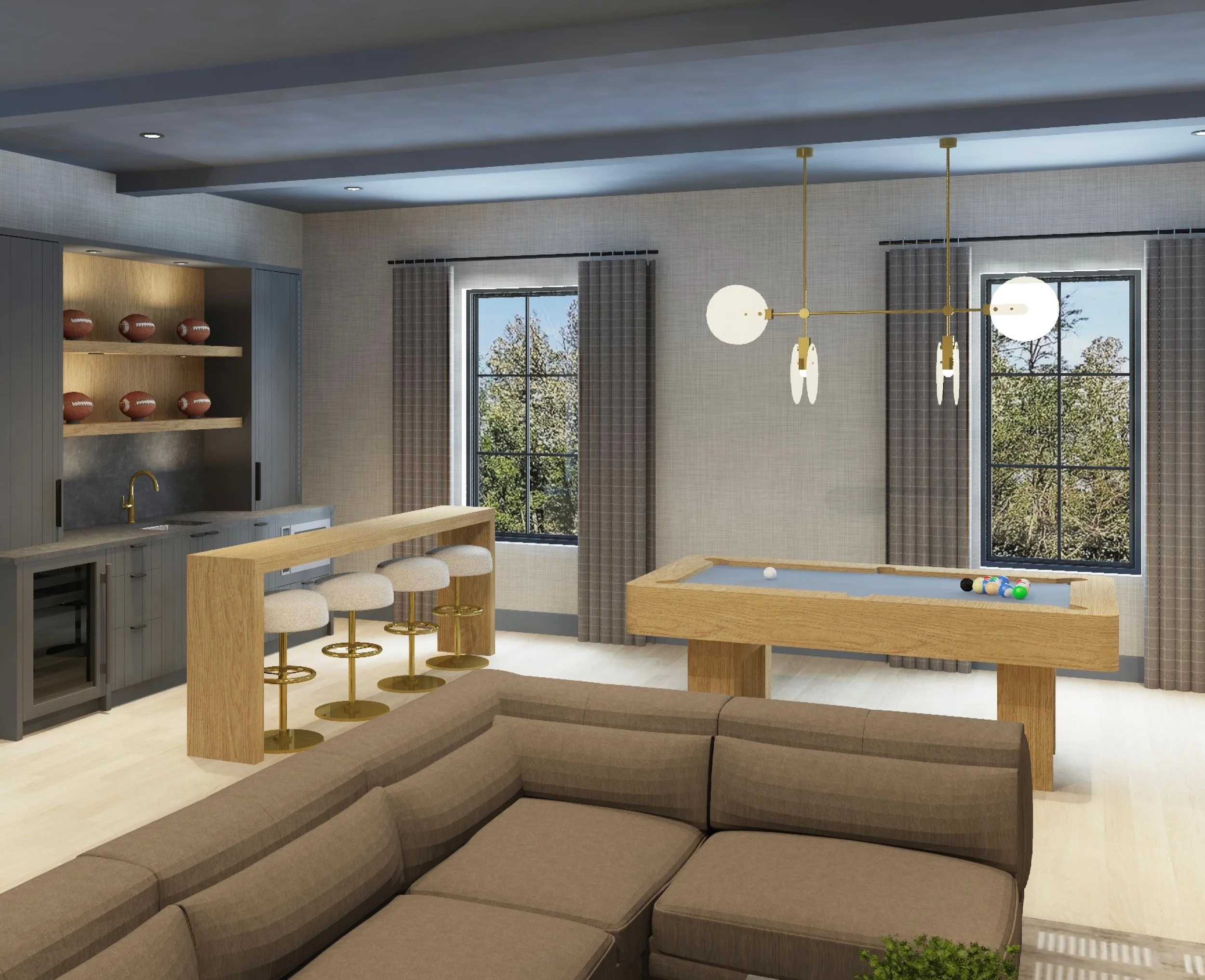 The rec room that has it all - a huge sectional, projector, pool table, games table, wet bar.. the list goes on!

So many layers of materials and finishes that work together to create a cozy, inviting, and beautiful area.

#gameroominspo #hometheater