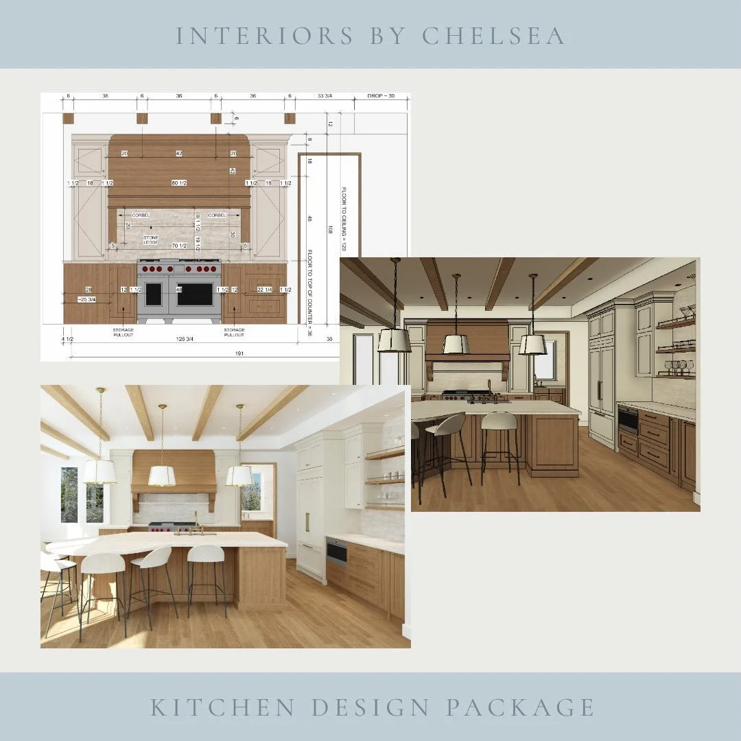 A quick peak into a kitchen design package!

PRELIMINARY DESIGN
The stage where the revisions and tweaks happen. 
I always allow unlimited revisions until you love everything!

FINAL 3D RENDERINGS
Where all of the details from the revision stage are 