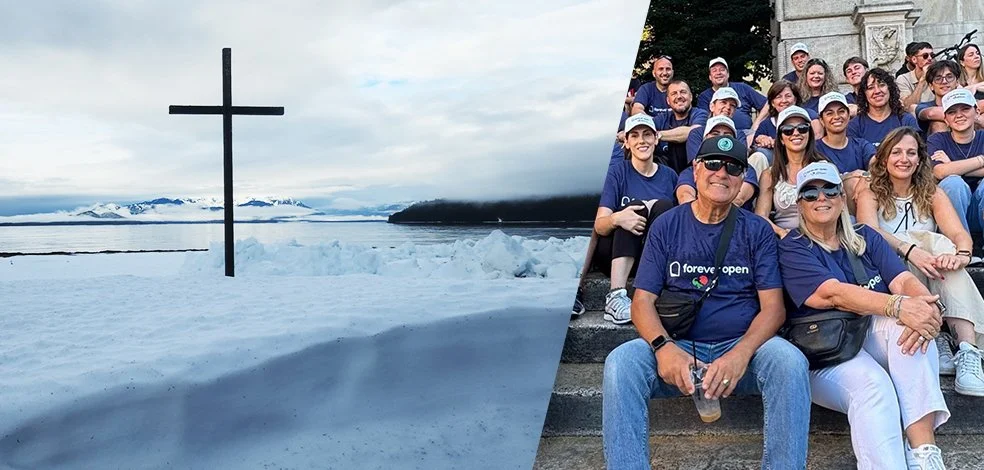 Split image featuring a snow-covered cross at Echo Ranch Bible Camp in Alaska and Italy For Christ ministry team gathered for outreach