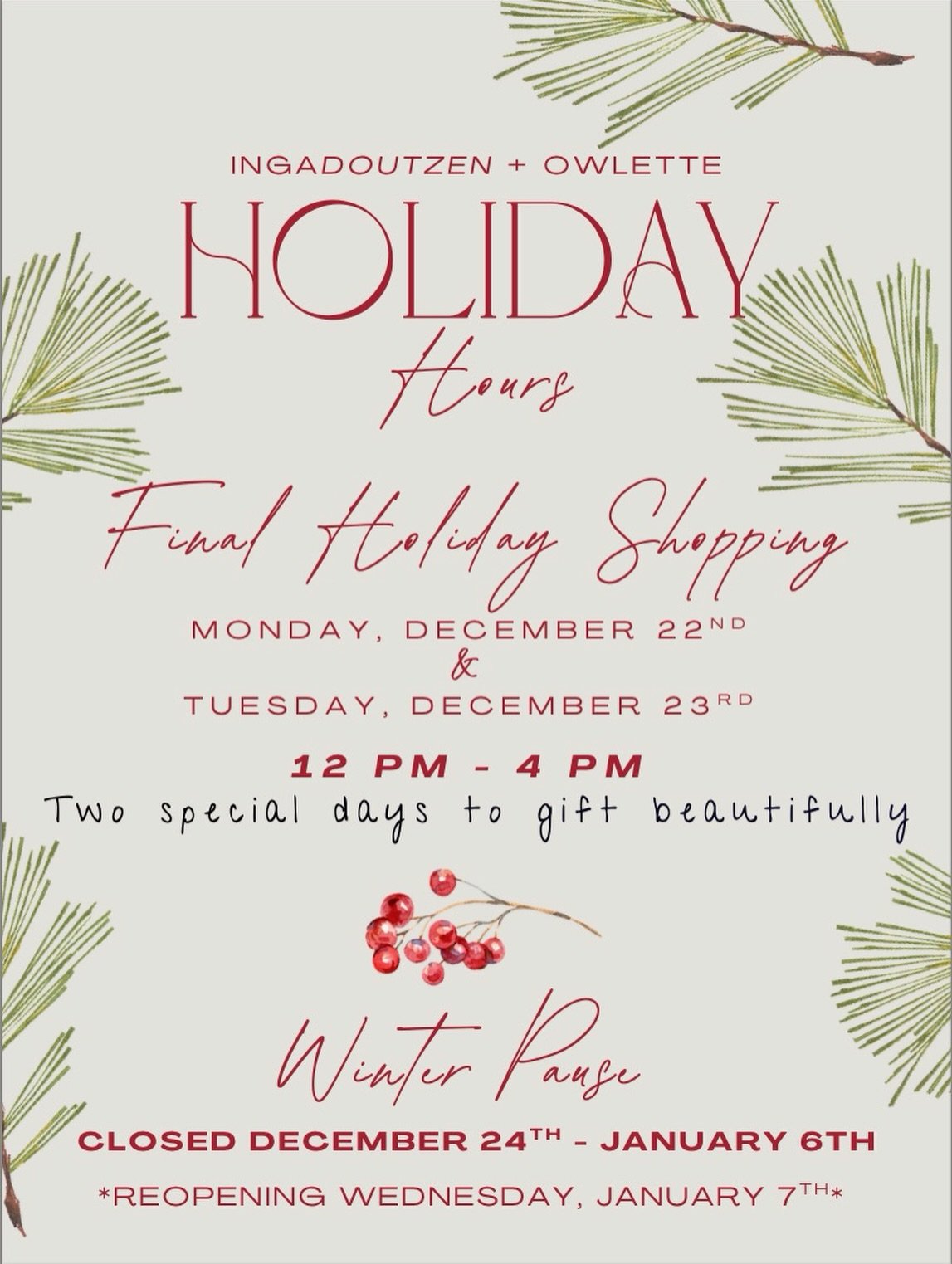 🤍 Important Holiday Update for Our IngaDoutzen &amp; Owlette Community 🤍

We&rsquo;re so grateful for each of you and wanted to share our upcoming holiday hours clearly and thoughtfully.

✨ This week:
We&rsquo;re open Wednesday&ndash;Sunday with ou