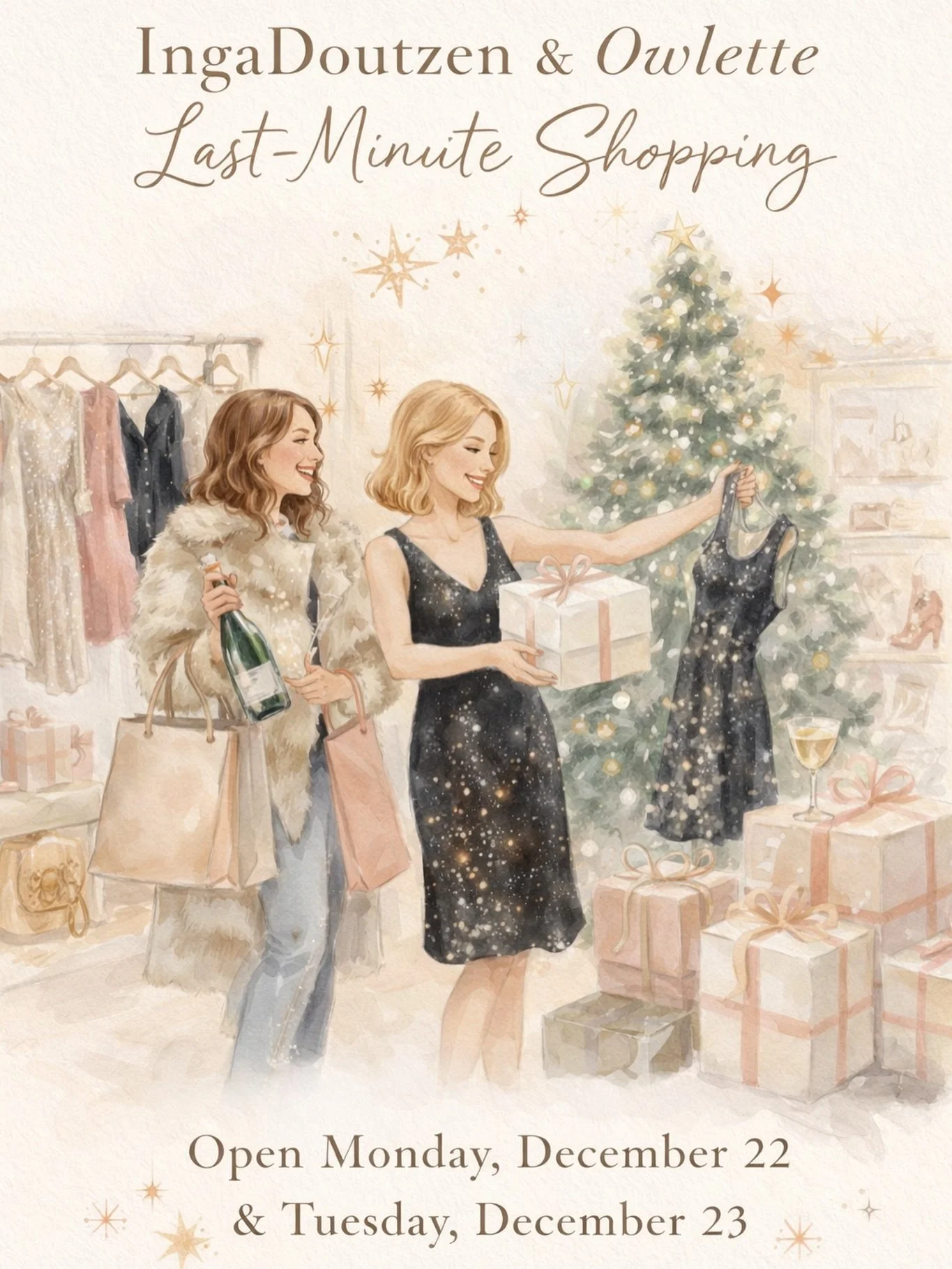 We&rsquo;re open today and tomorrow from 12&ndash;4 PM ✨
Stop in for last-minute gifts or the perfect New Year&rsquo;s look 🥂

We&rsquo;ll be closed December 24 &ndash; January 6 for a winter pause 🤍