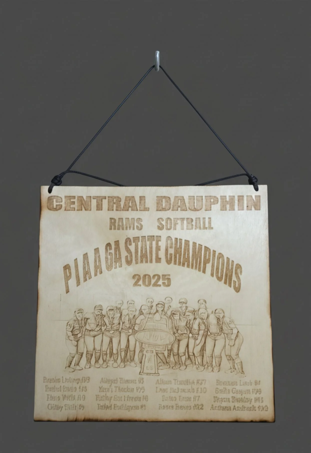 A wooden plaque hanging from a hook with the inscription 'Central Dauphin Rams Softball, PIAA G State Champions 2025' and a drawing of a softball team with a trophy.