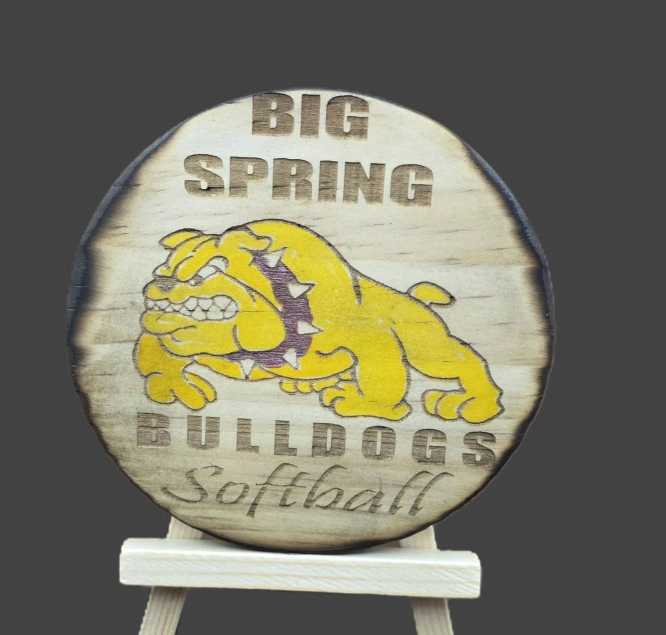 Wooden plaque with the words 'Big Spring Bulldogs Softball' and a yellow bulldog logo in the center.
