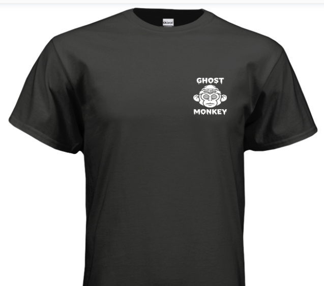 Black T-shirt with white graphic of a monkey wearing glasses and the words 'Ghost Monkey' on the left chest.