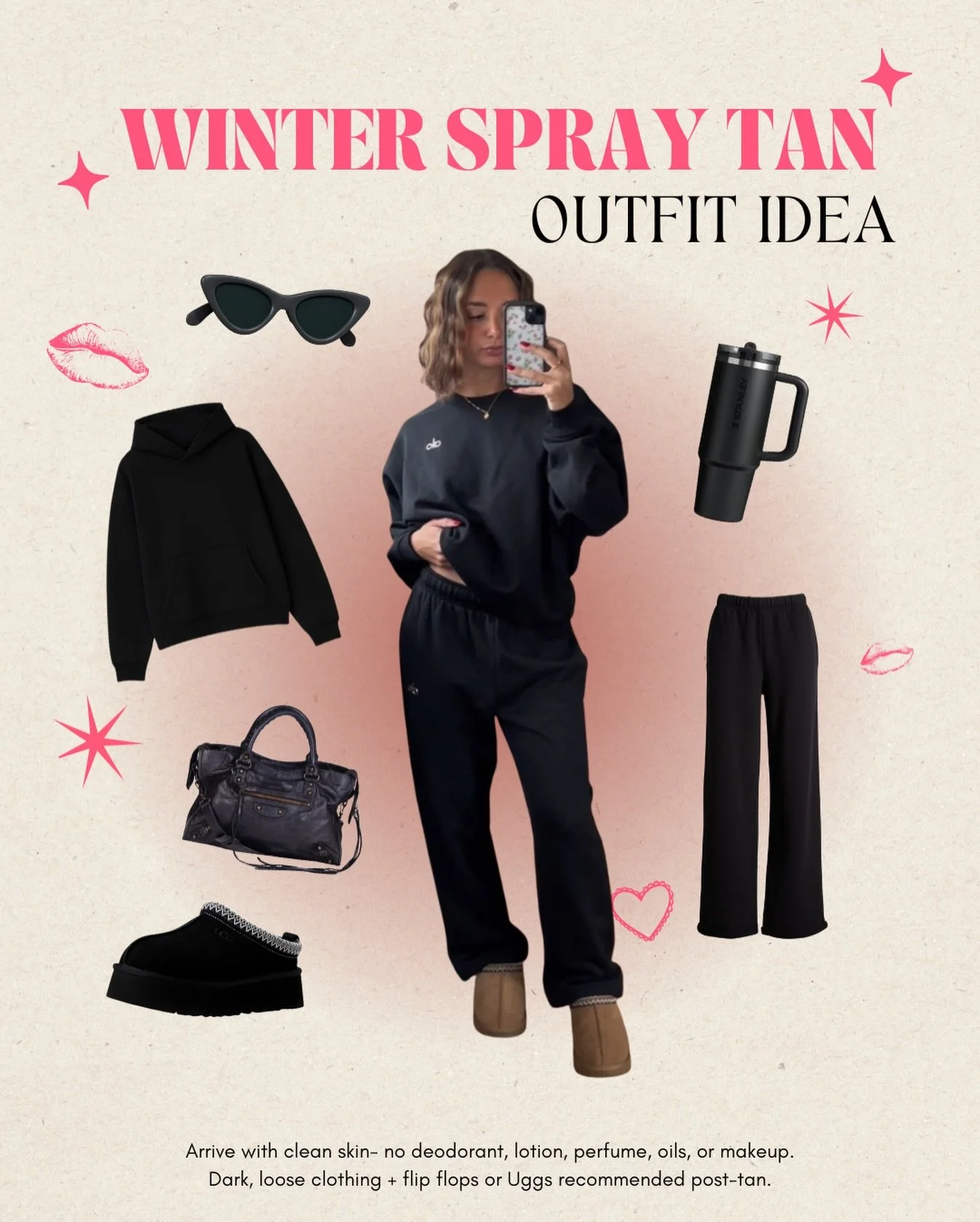 Winter spray tan outfit inspo ✨
Dark, loose, cozy = your tan&rsquo;s best friend.
Save this for your next appointment 🖤