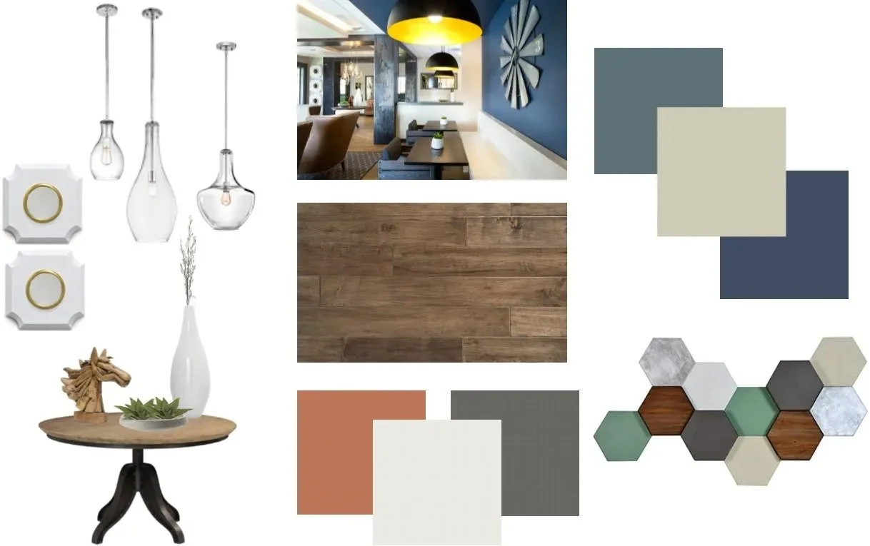 A collage of paint colors, flooring options, and home accents selected by American Design International for this apartment complex renovation project.
