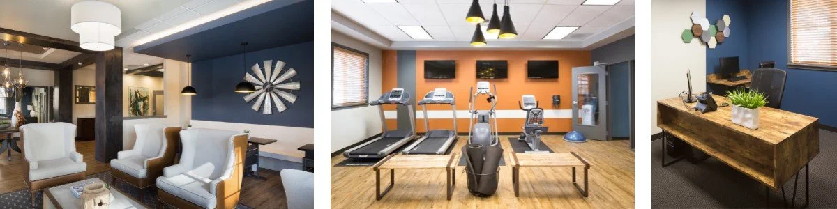 A lobby, gym, and office in an apartment complex clubhouse.