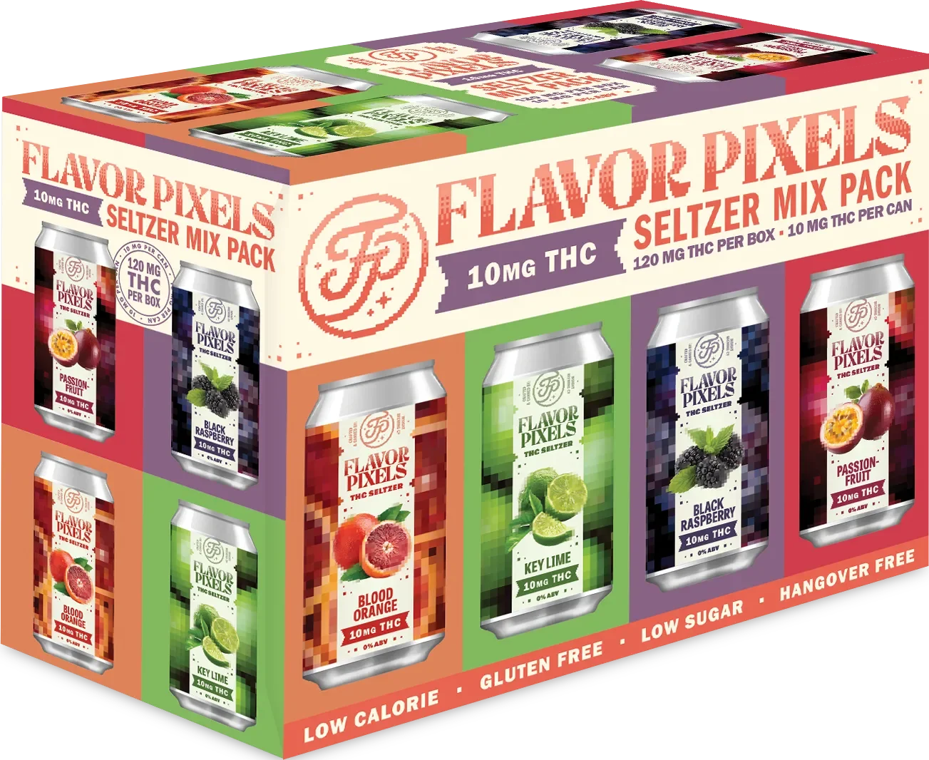 Box of Flavor Pixels THC seltzer mix packs with six cans displaying different flavors: Passion Fruit, Blood Orange, Key Lime, Black Raspberry, Blood Orange, and Passion Fruit, each with 10 mg THC per can.