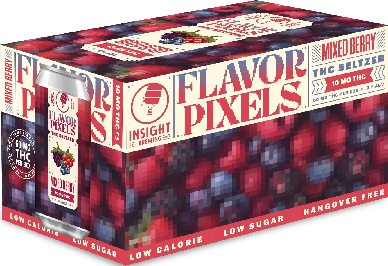 A box of Insight Brewing's Flavor Pixels THC seltzer with mixed berry flavor. The packaging mimics pixelated berries and cans, highlighting its low calorie, low sugar, and hangover-free features, with 10 mg THC per can.