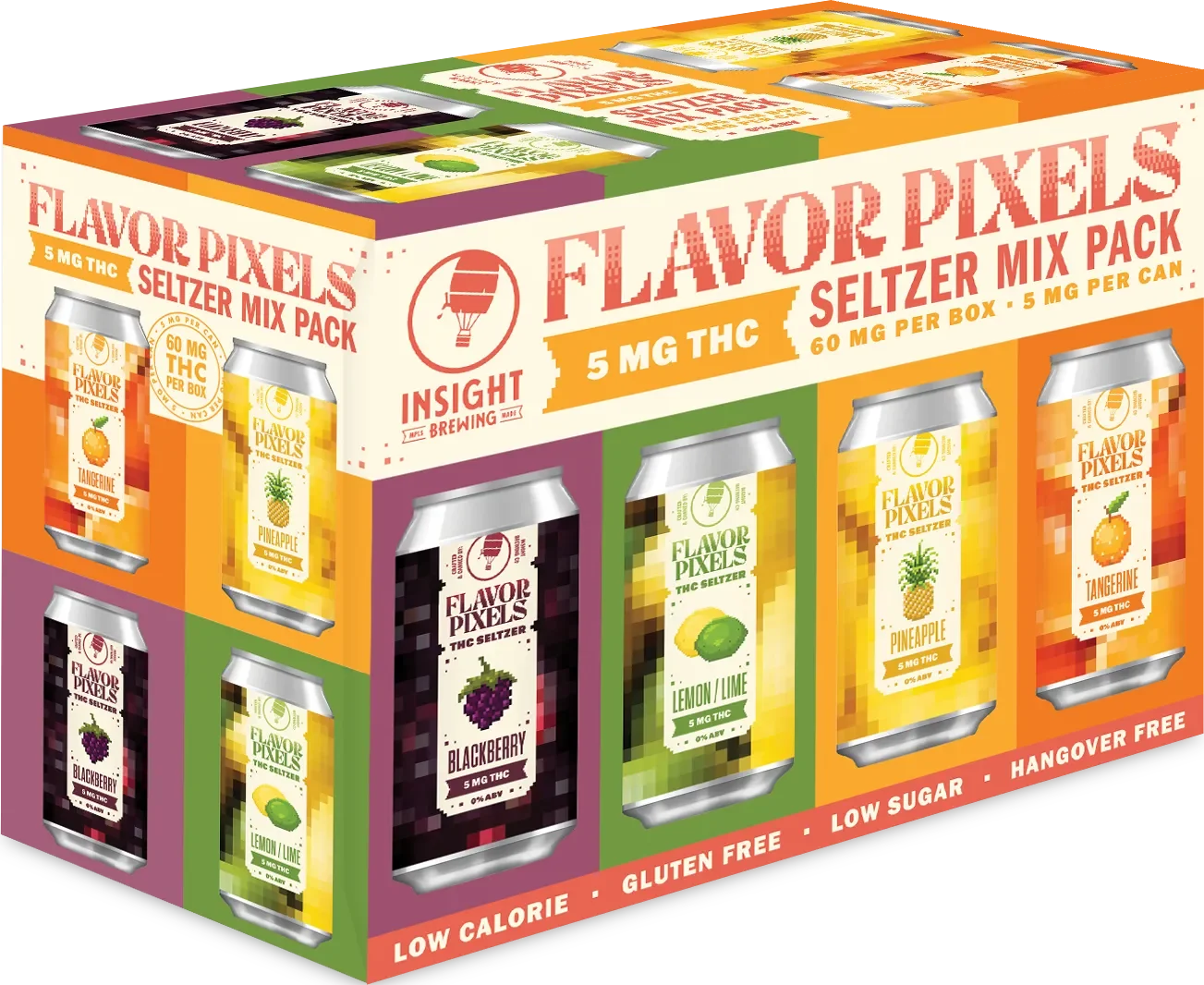 Box of Flavor Pixels THC seltzer mix pack with six cans in various flavors, including tangerine, pineapple, lemon/lime, blackberry, and others, labeled as low calorie, gluten free, hangover free, and containing 5 mg THC per can.