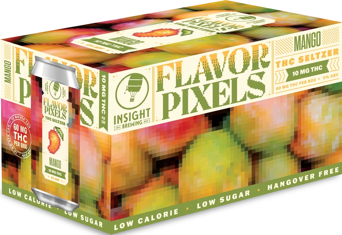 A pixelated box of Insight Brewing's Flavor Pixels Mango THC seltzer, with a sleek can design displaying mango and THC content, and the packaging emphasizing low calorie, low sugar, and hangover-free qualities.
