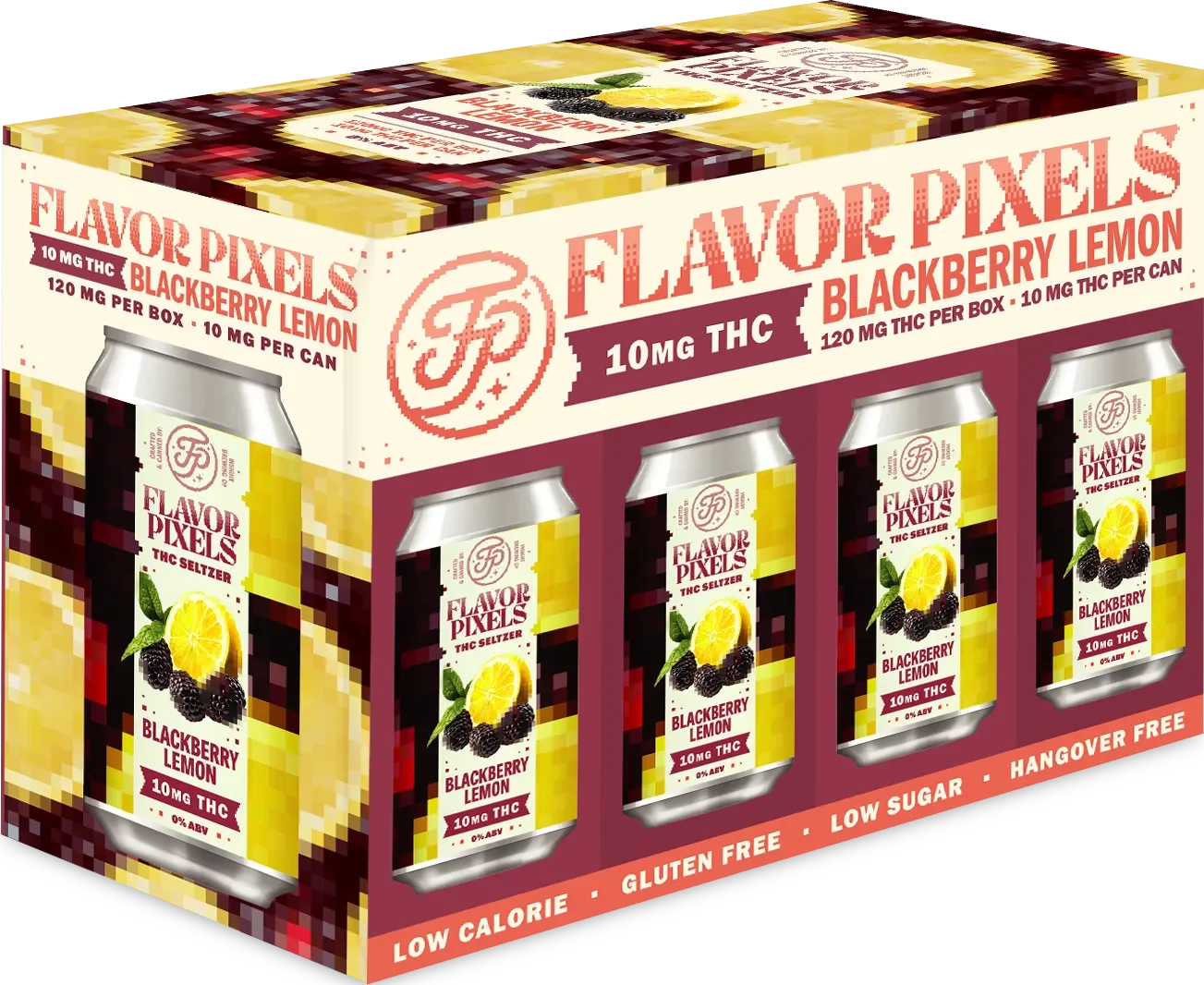 A box of Flavor Pixels THC seltzer cans in blackberry lemon flavor, containing four cans with lemon and blackberry images and Cannabis leaf icons, highlighting 10 mg THC per can, 120 mg per box.