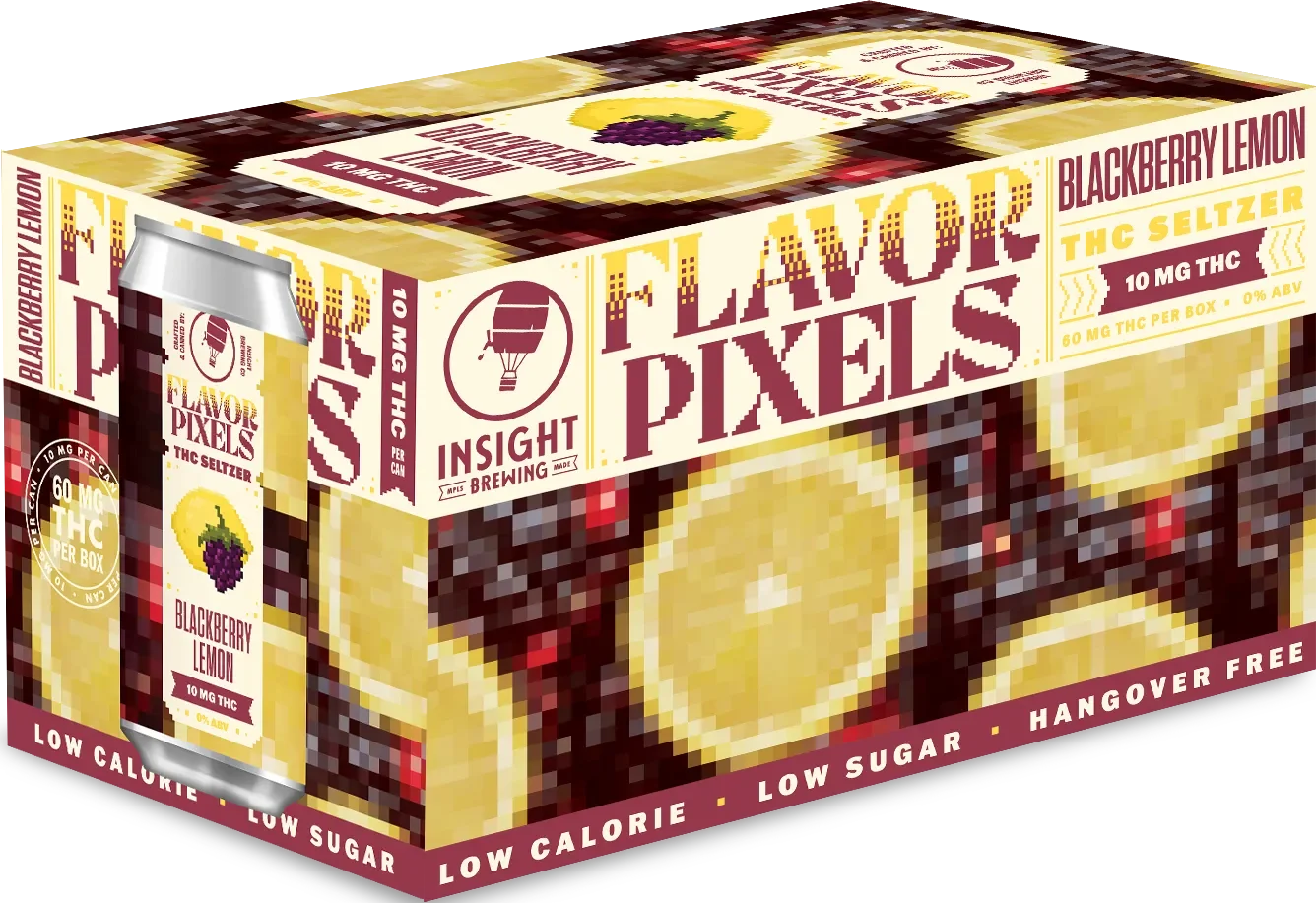 Pixelated image of a box of Blackberry Lemon THC Seltzer by Flavor Pixels, showing a can with a yellow lemon and purple blackberry illustration, and text indicating 10 mg THC per can, 60 mg THC per box, 0% alcohol, low calorie, low sugar, hangover free.